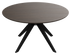 Smoked round oak dining table with arched frame, showcasing smooth wooden surface and sturdy design for elegant dining spaces.