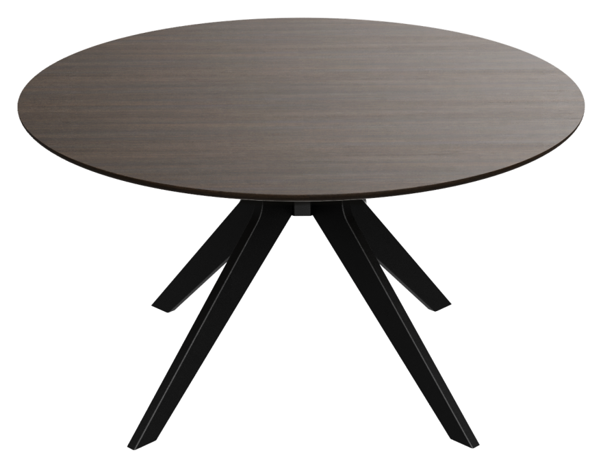 Smoked round oak dining table with arched frame, showcasing smooth wooden surface and sturdy design for elegant dining spaces.