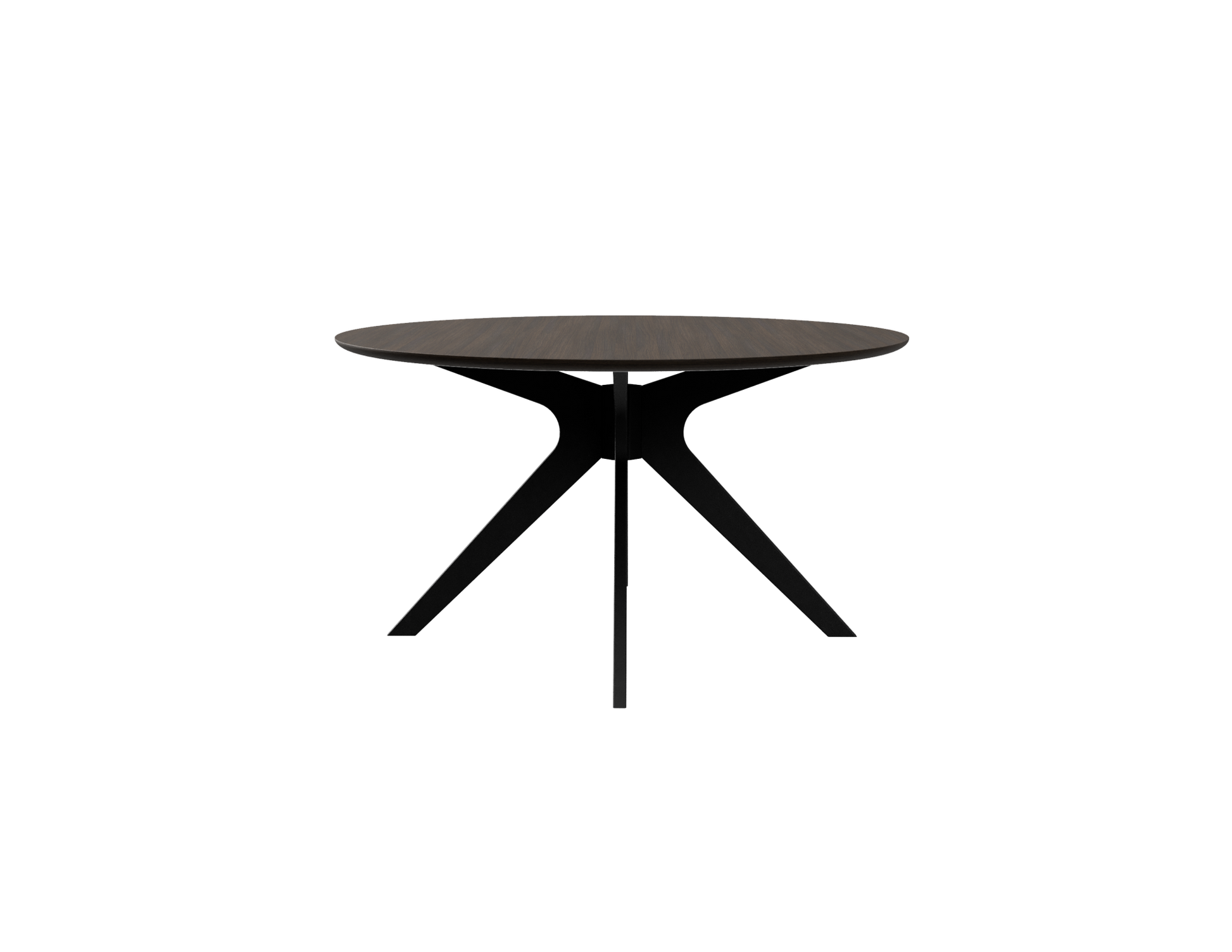 Smoked round oak dining table with arched frame, showcasing a sleek, natural wood finish and modern design.