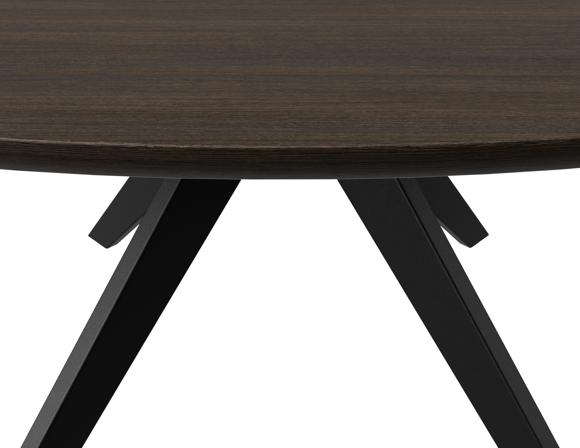 Smoked round oak dining table with arched frame, showcasing smooth wood surface and sturdy construction.