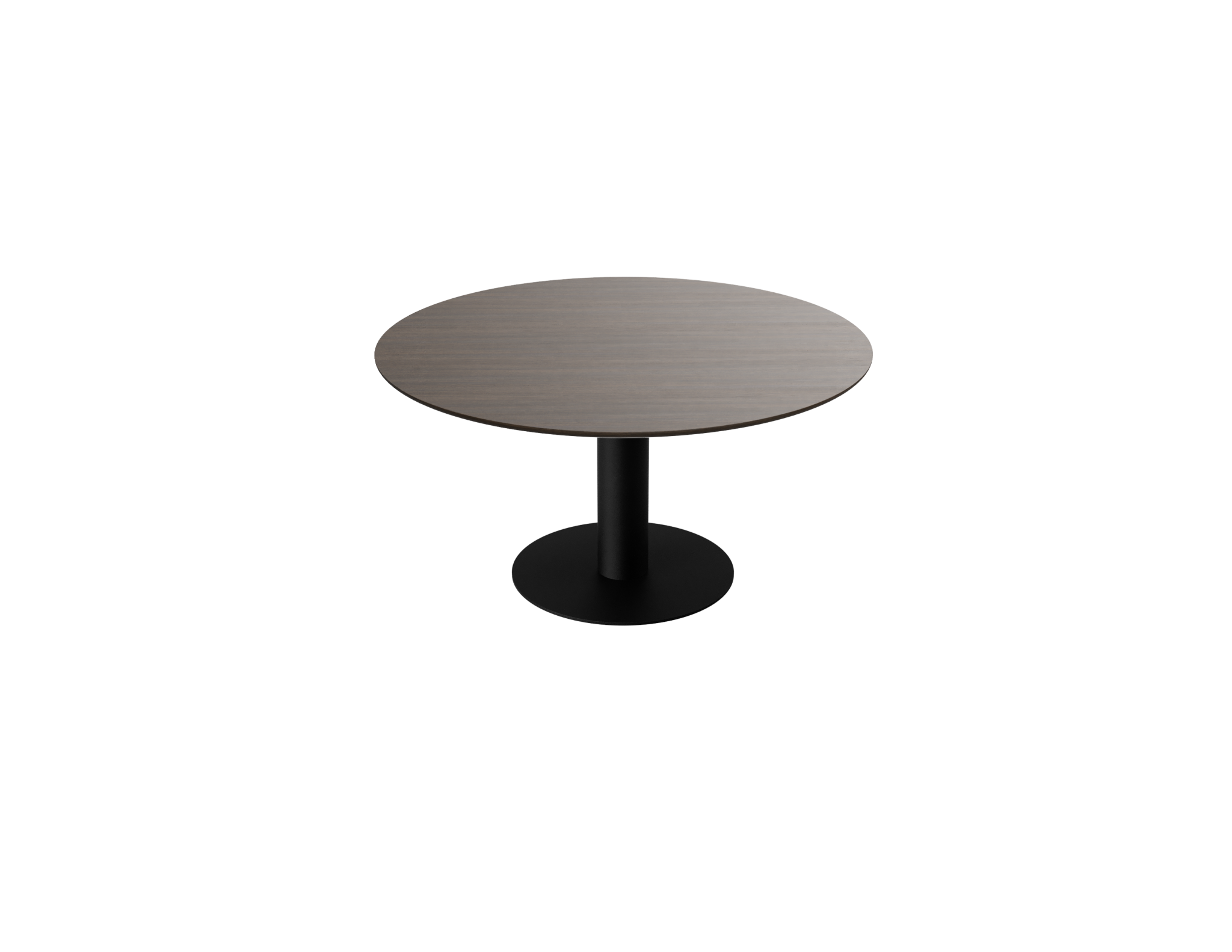 Smoked round oak dining table with center leg, ideal for modern dining rooms, showcasing natural wood grain and smooth finish.