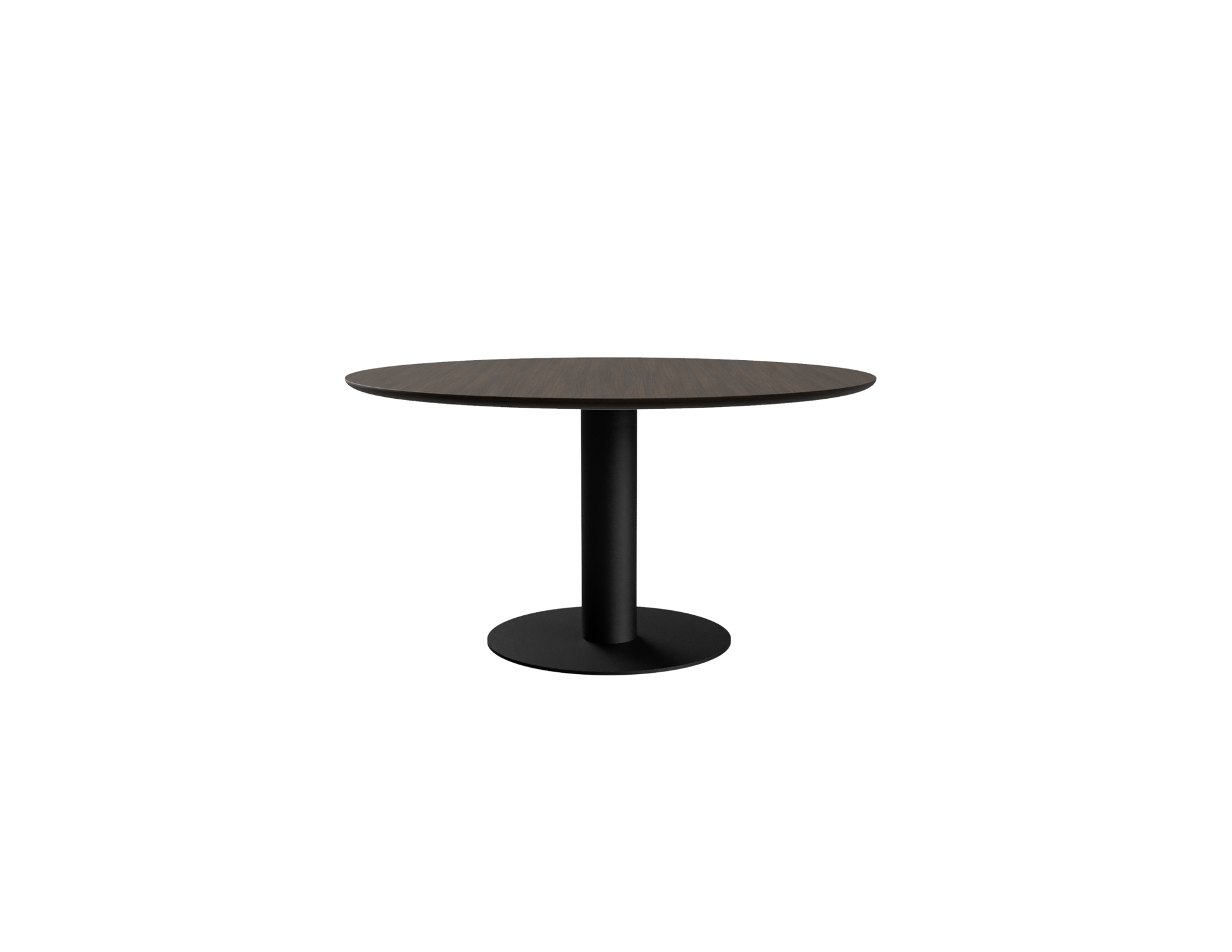 Round smoked oak dining table with a center leg design, showcasing a smooth, natural wood finish and modern style.