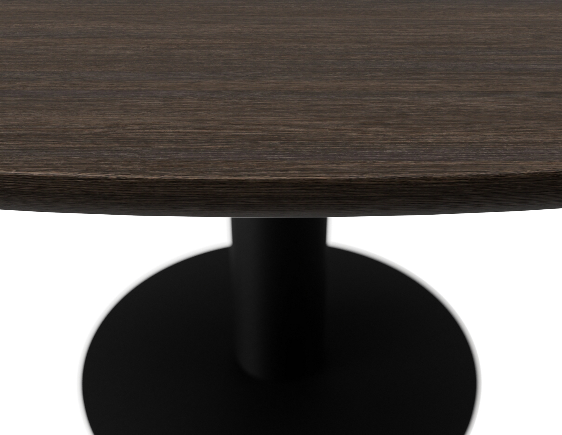 Smoked round oak dining table with a center leg design, showcasing smooth wood grain and modern style.