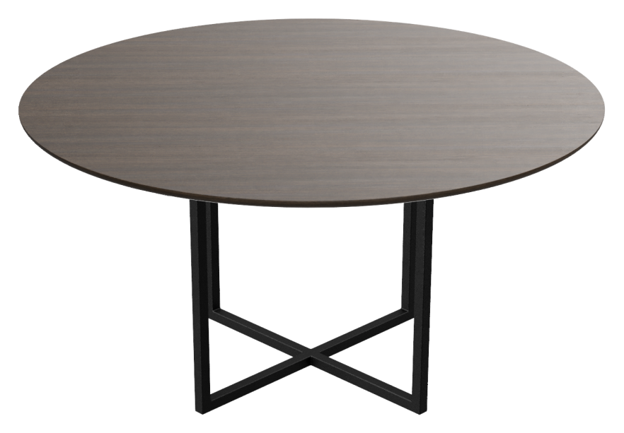 Round smoked oak dining table with cross frame, featuring a sleek circular top and modern design for dining spaces.