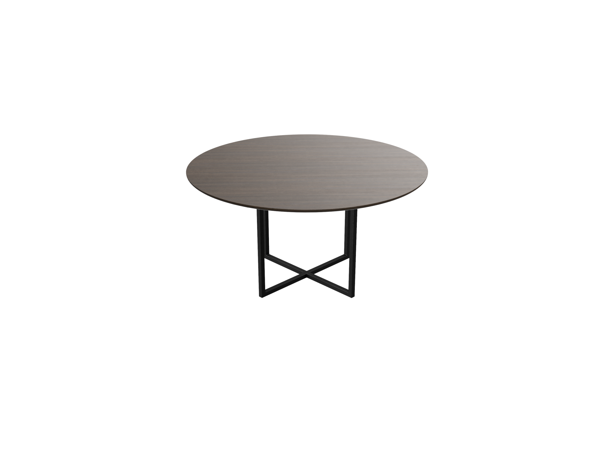 Round smoked oak dining table with a cross frame, featuring a natural wood finish and sturdy design for stylish dining spaces.