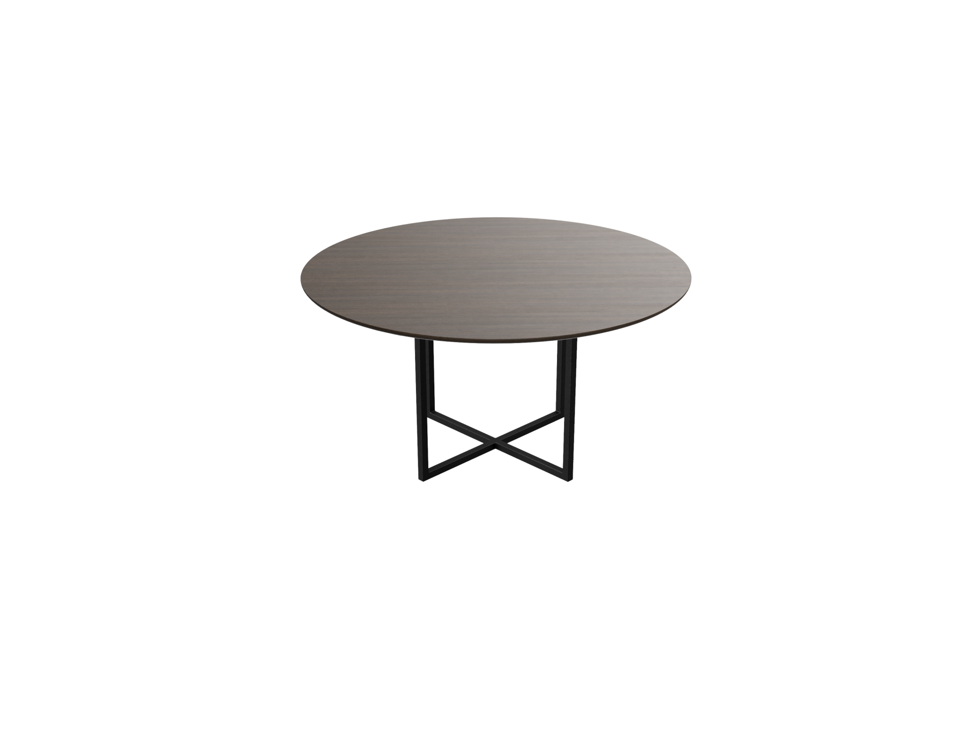 Round smoked oak dining table with a cross frame, featuring a natural wood finish and sturdy design for stylish dining spaces.