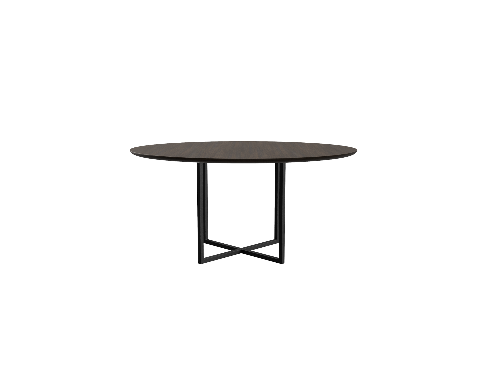 Round smoked oak dining table with a cross frame, featuring a natural wood finish and sturdy design.