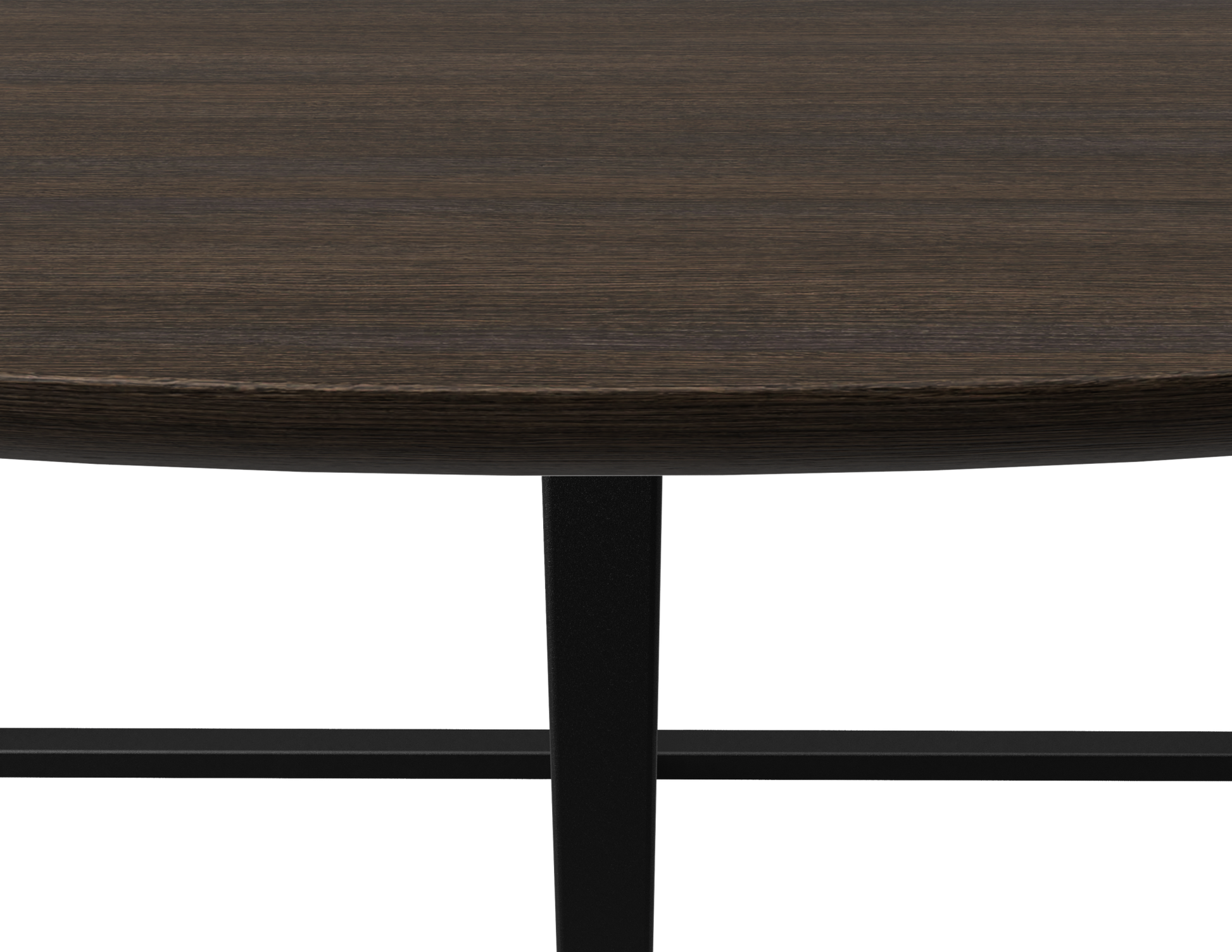 Smoked round oak dining table with cross frame design, featuring a smooth wooden surface and sturdy base.