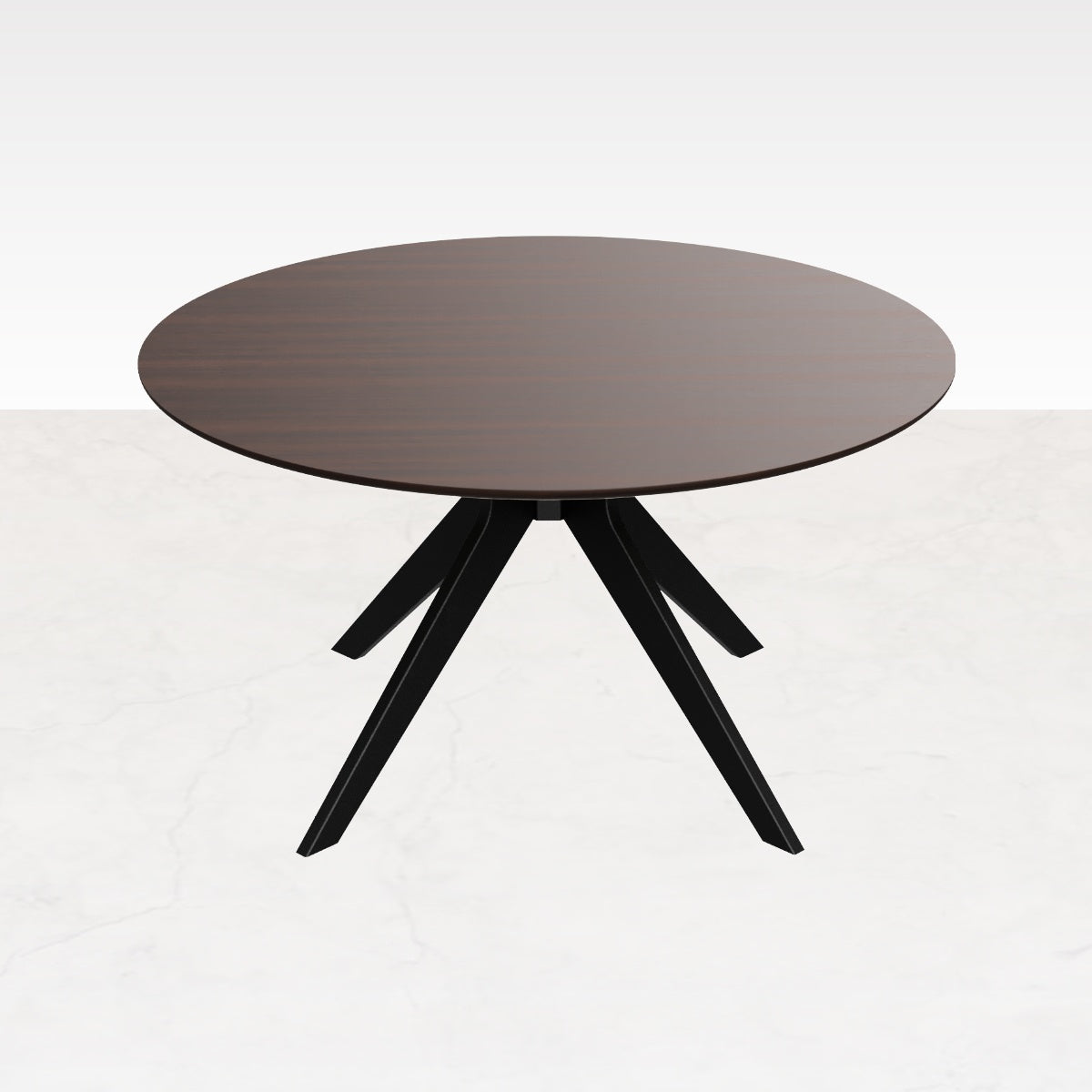 Round walnut dining table with arched frame, showcasing a smooth wooden surface and sturdy curved support structure.