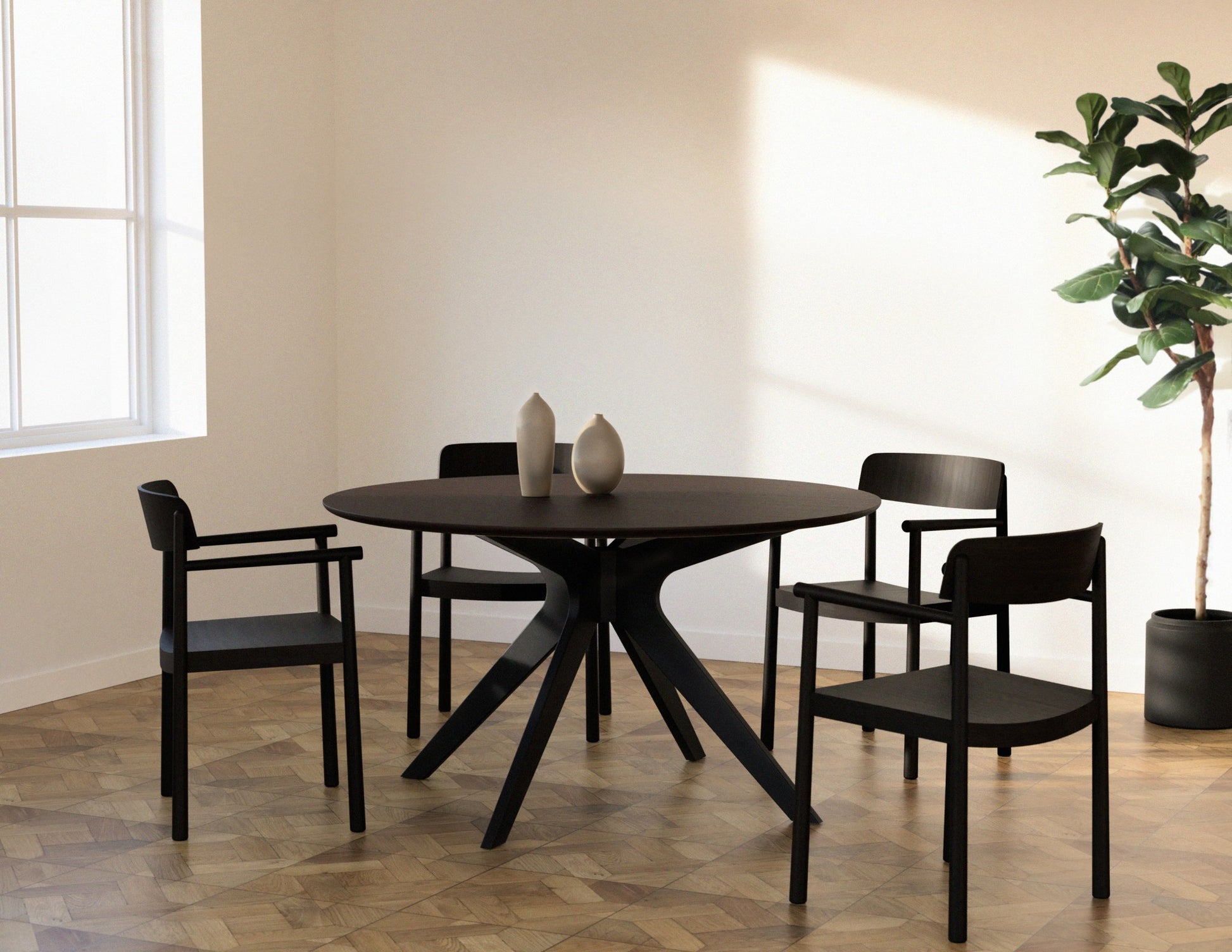 Round walnut dining table with an arched frame, showcasing a sleek, modern design perfect for dining rooms.