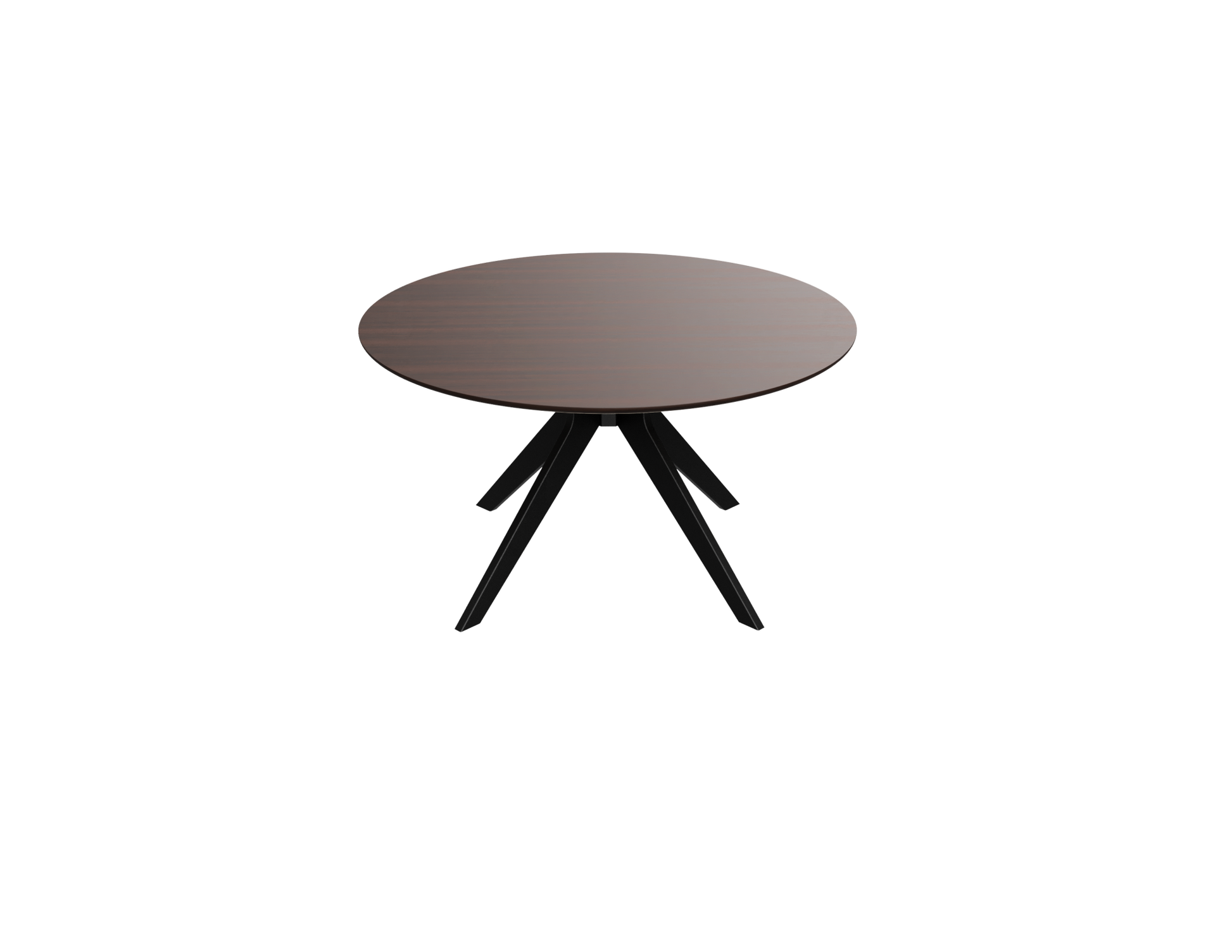 Round walnut dining table with arched frame, featuring a smooth, polished surface and sturdy wooden legs for elegant dining space.