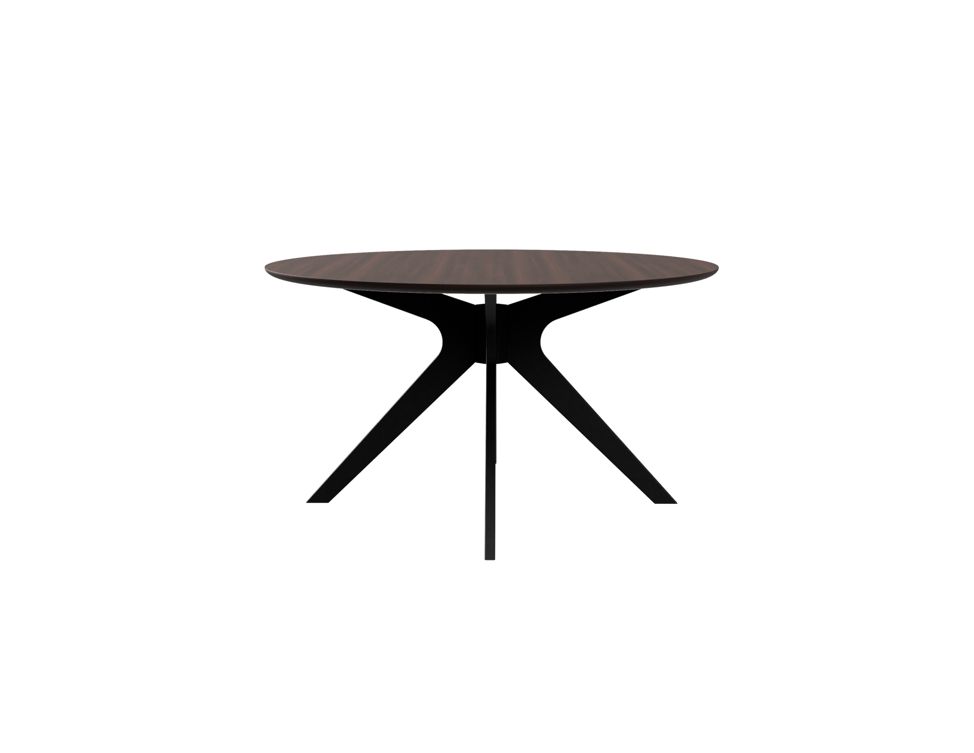 Round walnut dining table with arched frame, showcasing a smooth wooden surface and sturdy curved legs for modern dining space.