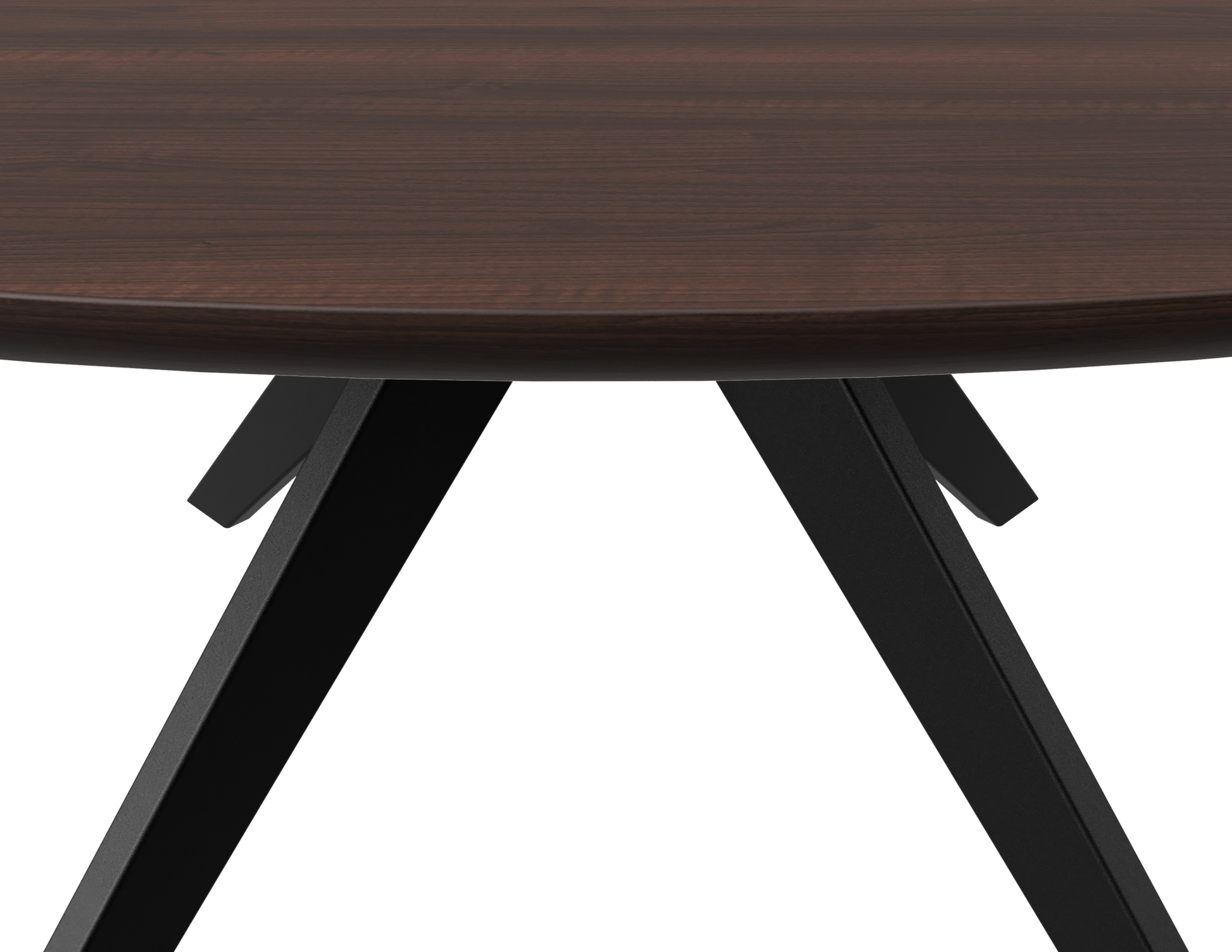 Round walnut dining table with arched frame, showcasing smooth wood surface and sturdy design for modern dining spaces.