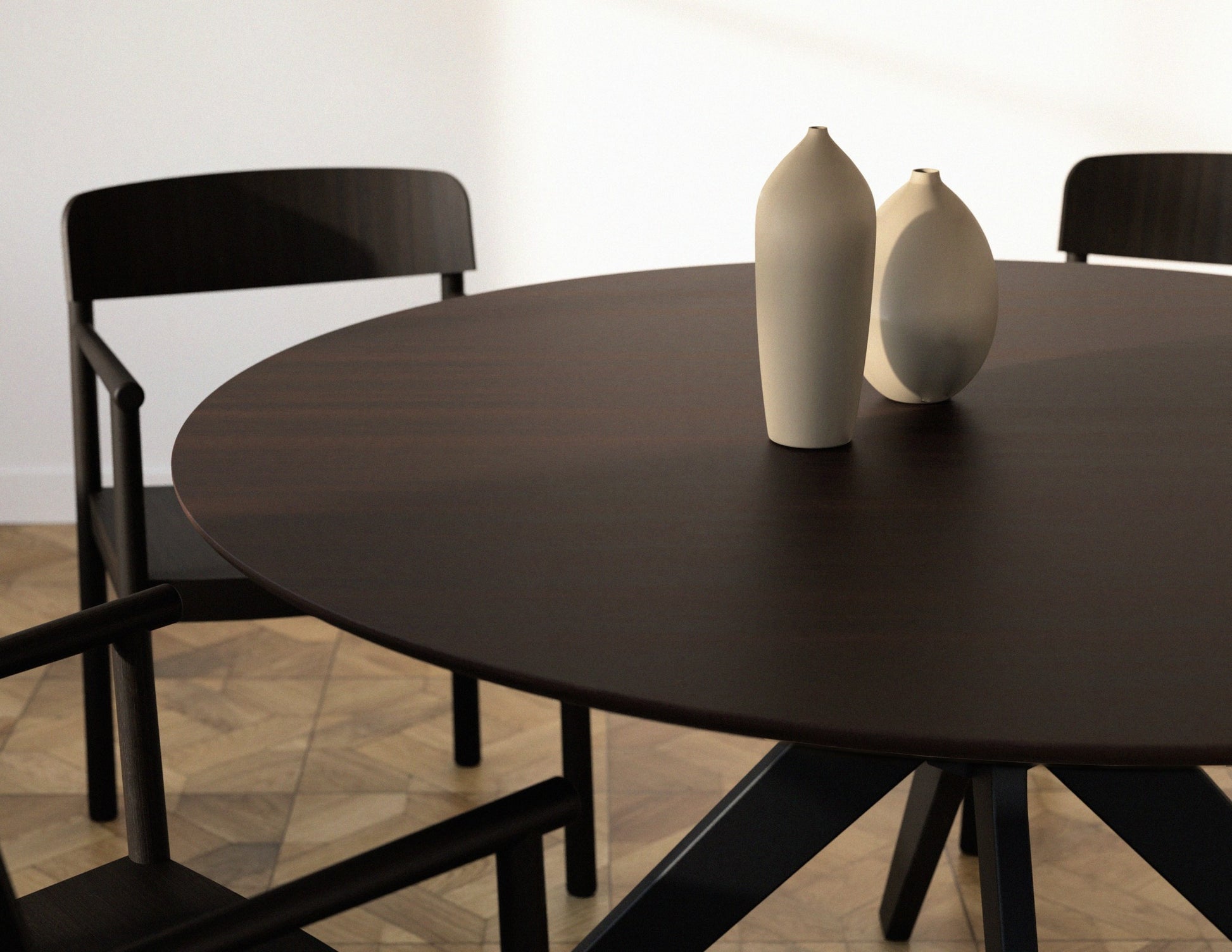 Round walnut dining table with an arched frame, showcasing a sleek wooden surface and elegant curved legs.