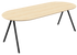 Half oval oak dining table with natural finish and V-frame design, showcasing its sleek, modern wood construction.