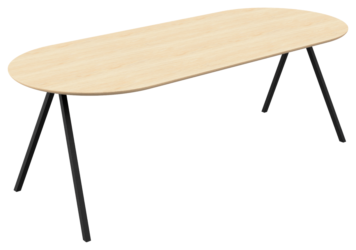 Half oval oak dining table with natural finish and V-frame design, showcasing its sleek, modern wood construction.