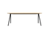 Half oval oak dining table in natural finish with V-frame design, ideal for modern dining rooms.