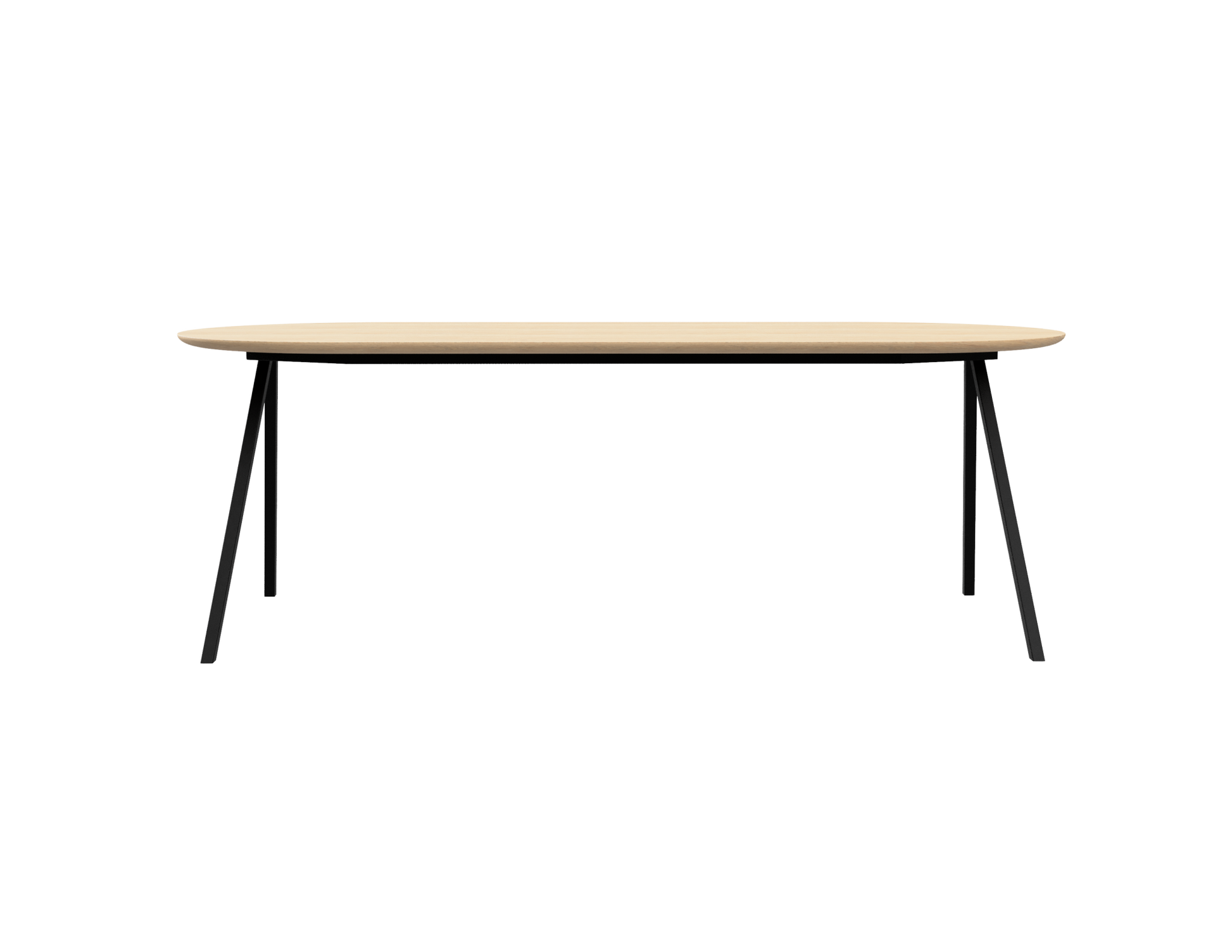 Half oval oak dining table in natural finish with V-frame design, ideal for modern dining rooms.
