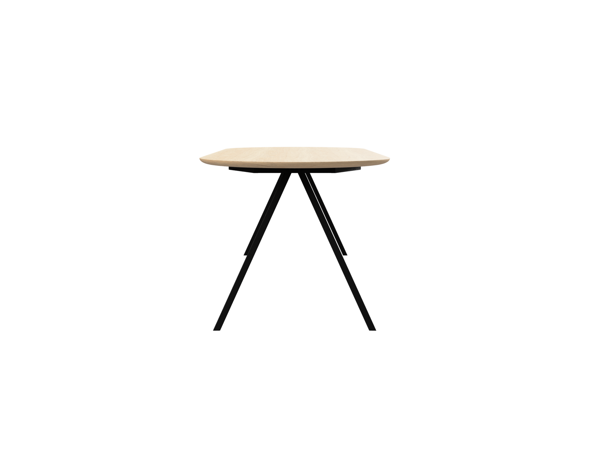Natural oak half oval dining table with V-frame design, 140 cm length, showcasing the sleek wooden surface and sturdy construction.