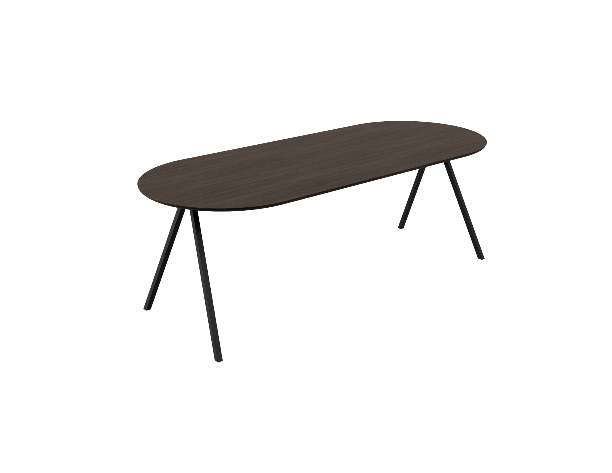 Half oval oak dining table with smoked finish and V-frame design, showcasing the elegant wooden surface and sturdy construction.