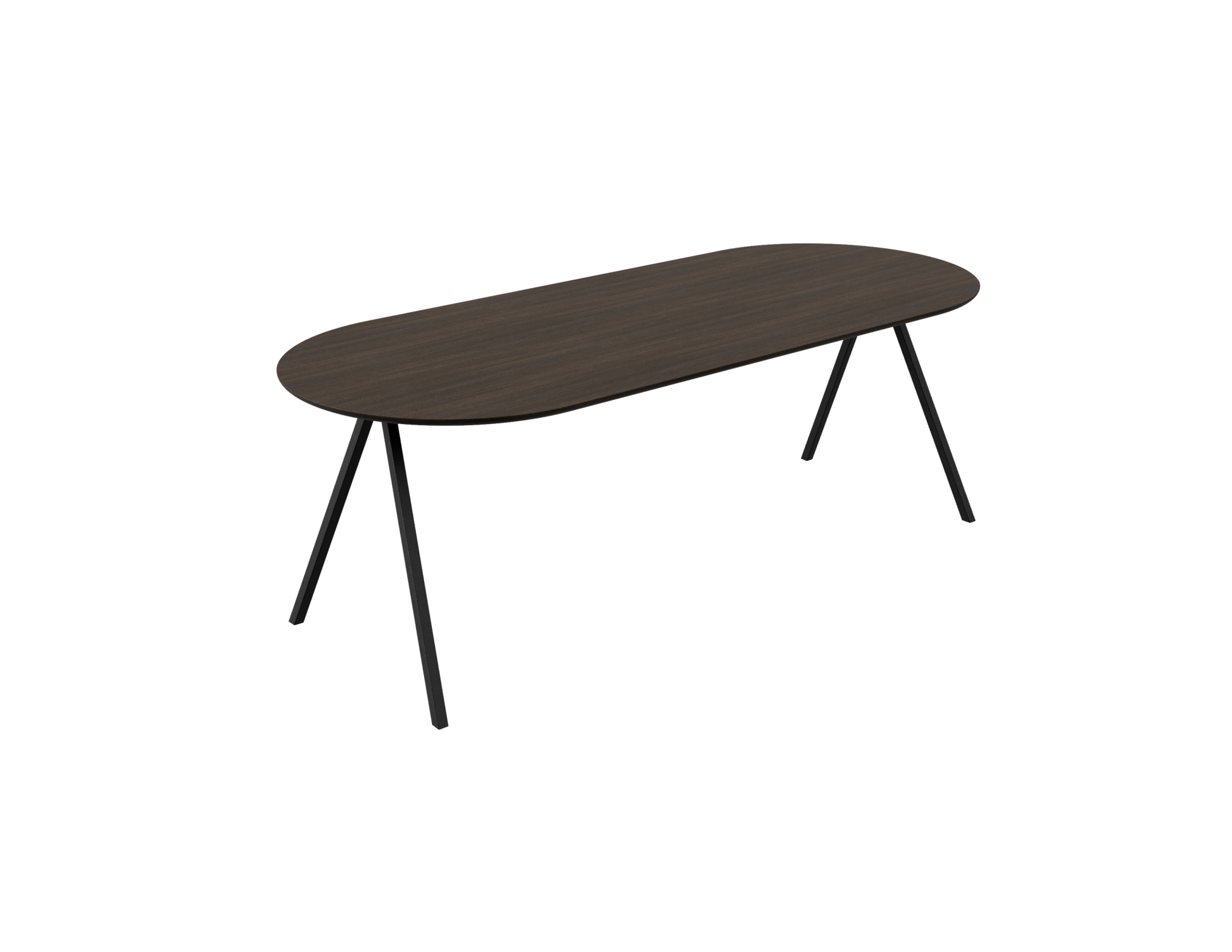 Half oval oak dining table with smoked finish and V-frame design, showcasing the elegant wooden surface and sturdy construction.