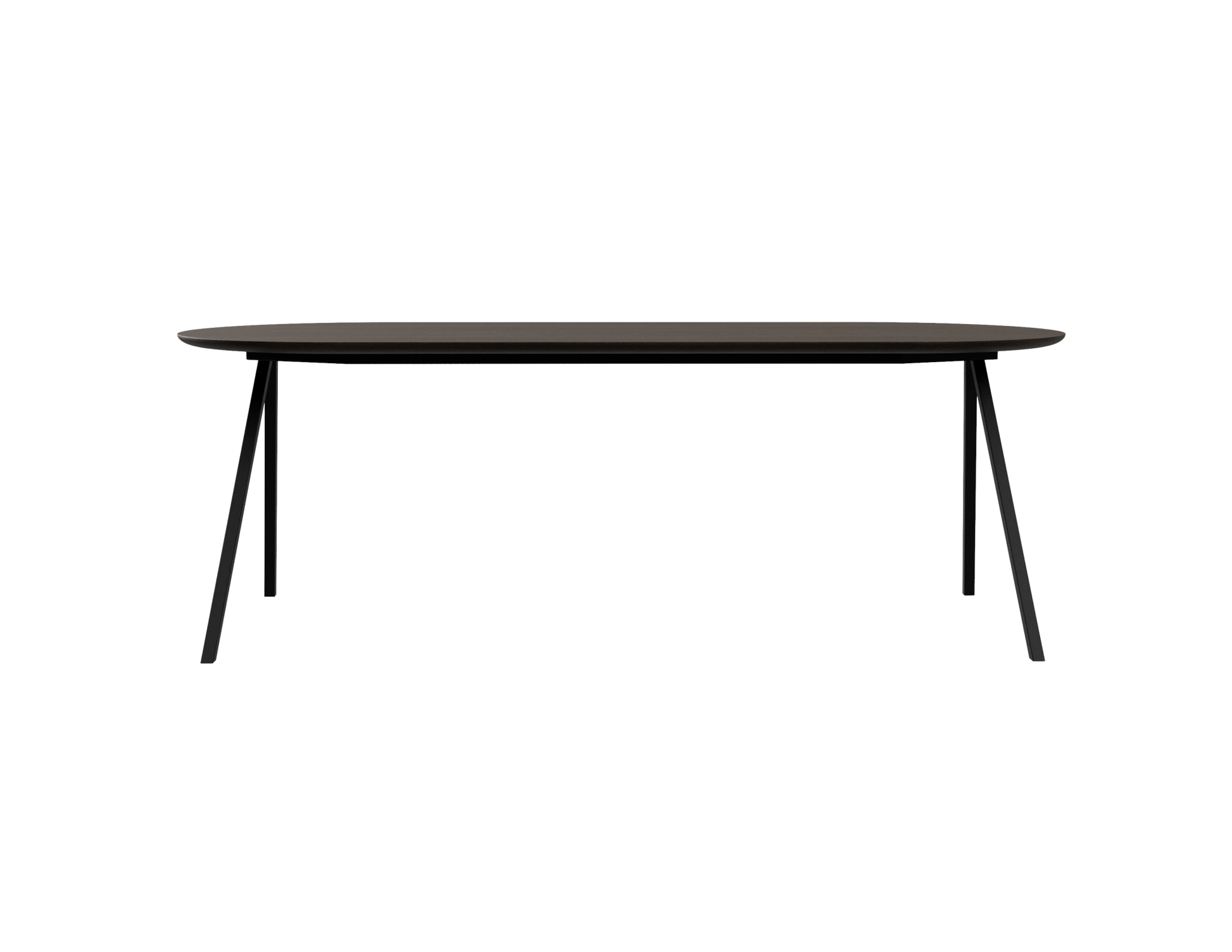 Half oval oak dining table with smoked finish and V-frame design, showcasing smooth wood surface and sturdy modern construction.
