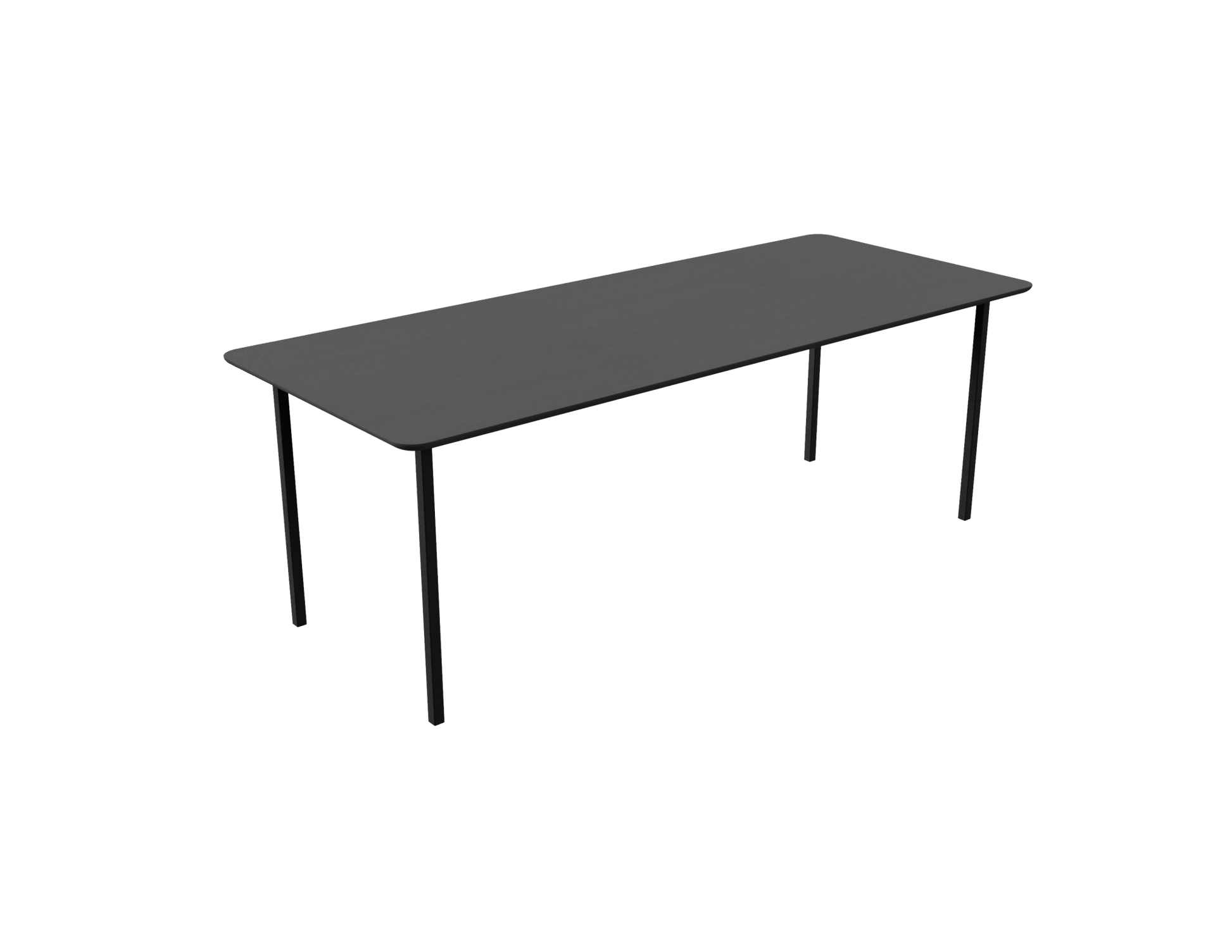 Rectangular oak dining table with a charcoal finish and four-legged frame, ideal for modern dining rooms.