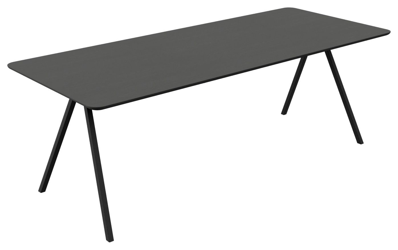 Rectangular oak dining table with a charcoal finish and V-frame design, ideal for modern dining rooms.