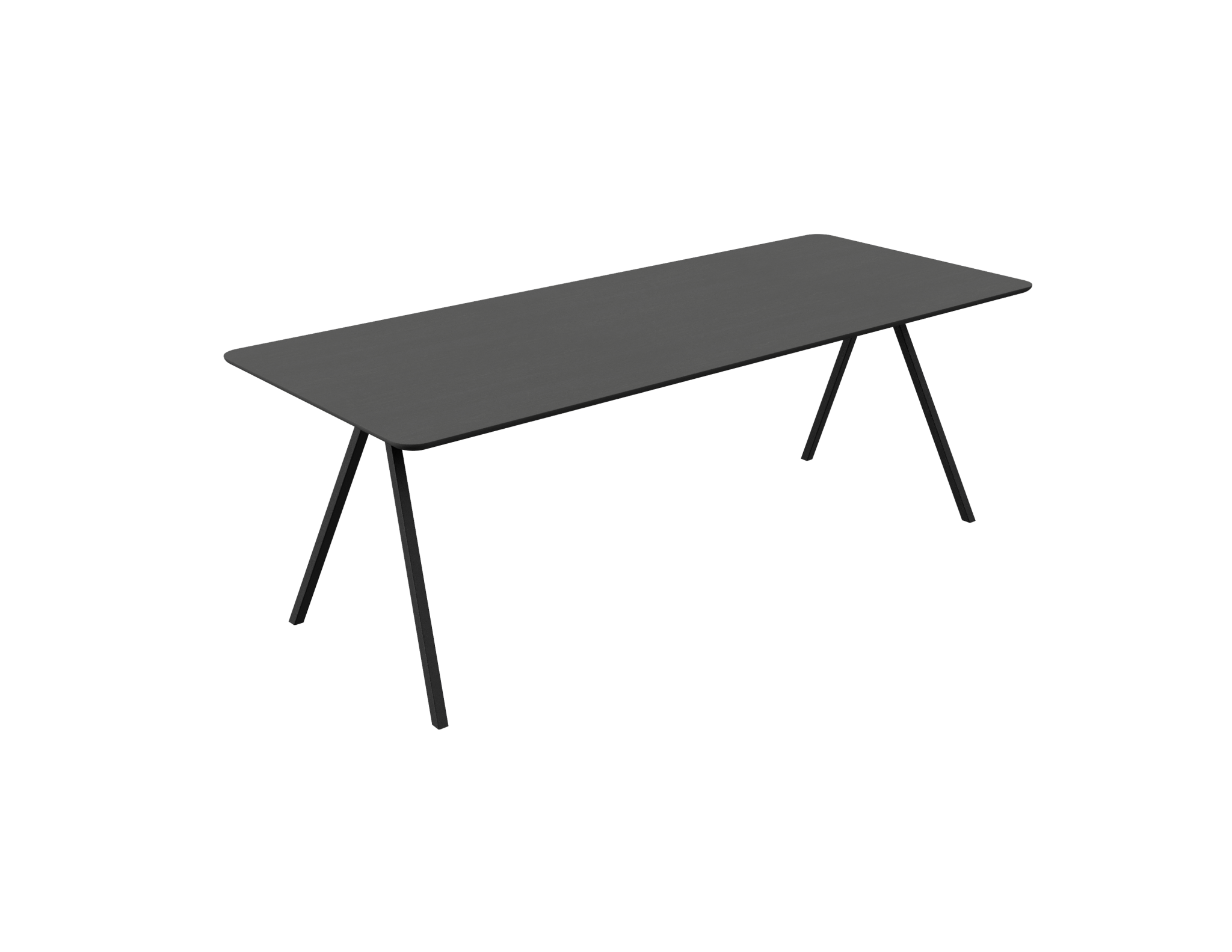 Rectangular oak dining table with charcoal finish and V-frame design, ideal for modern dining rooms.