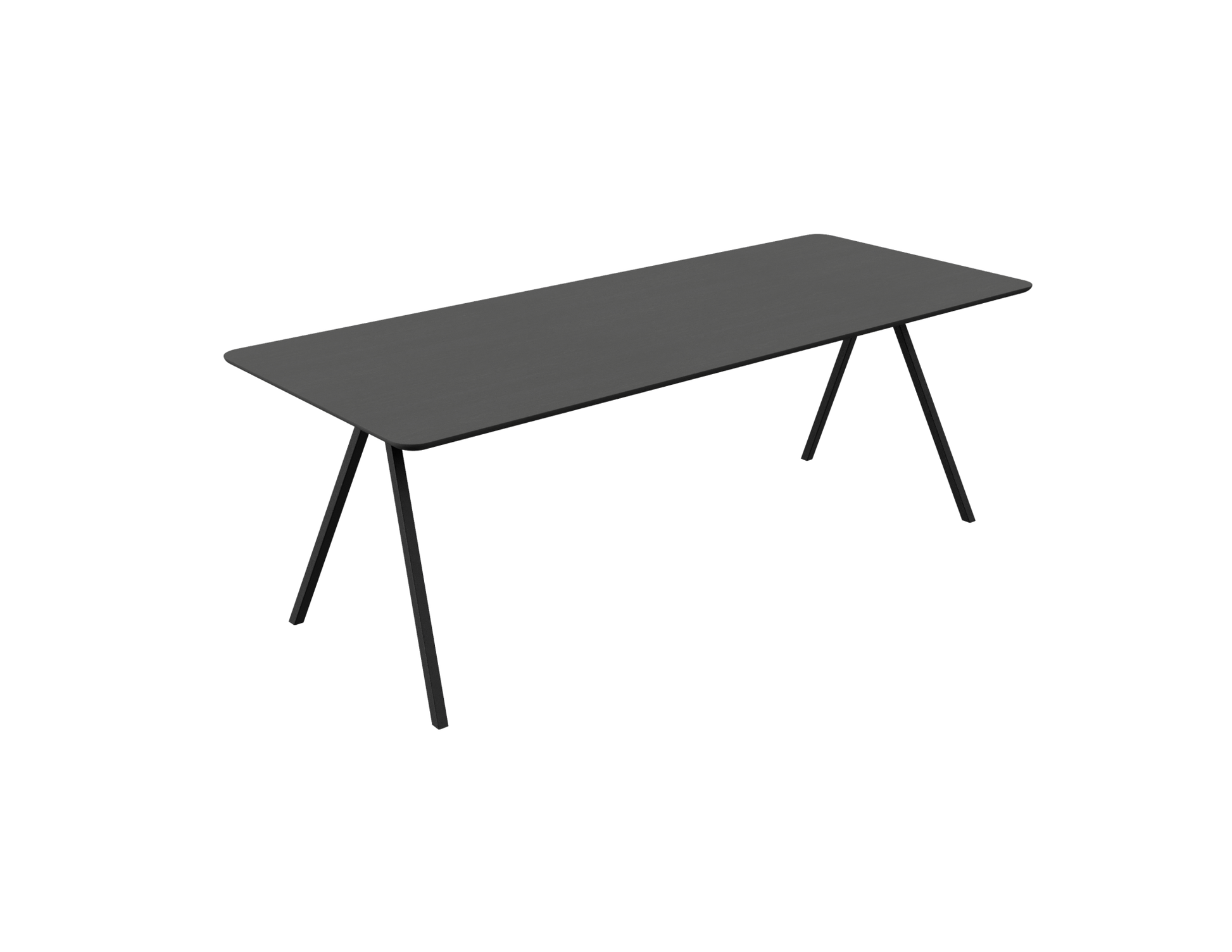 Rectangular oak dining table with charcoal finish and V-frame design, ideal for modern dining rooms.