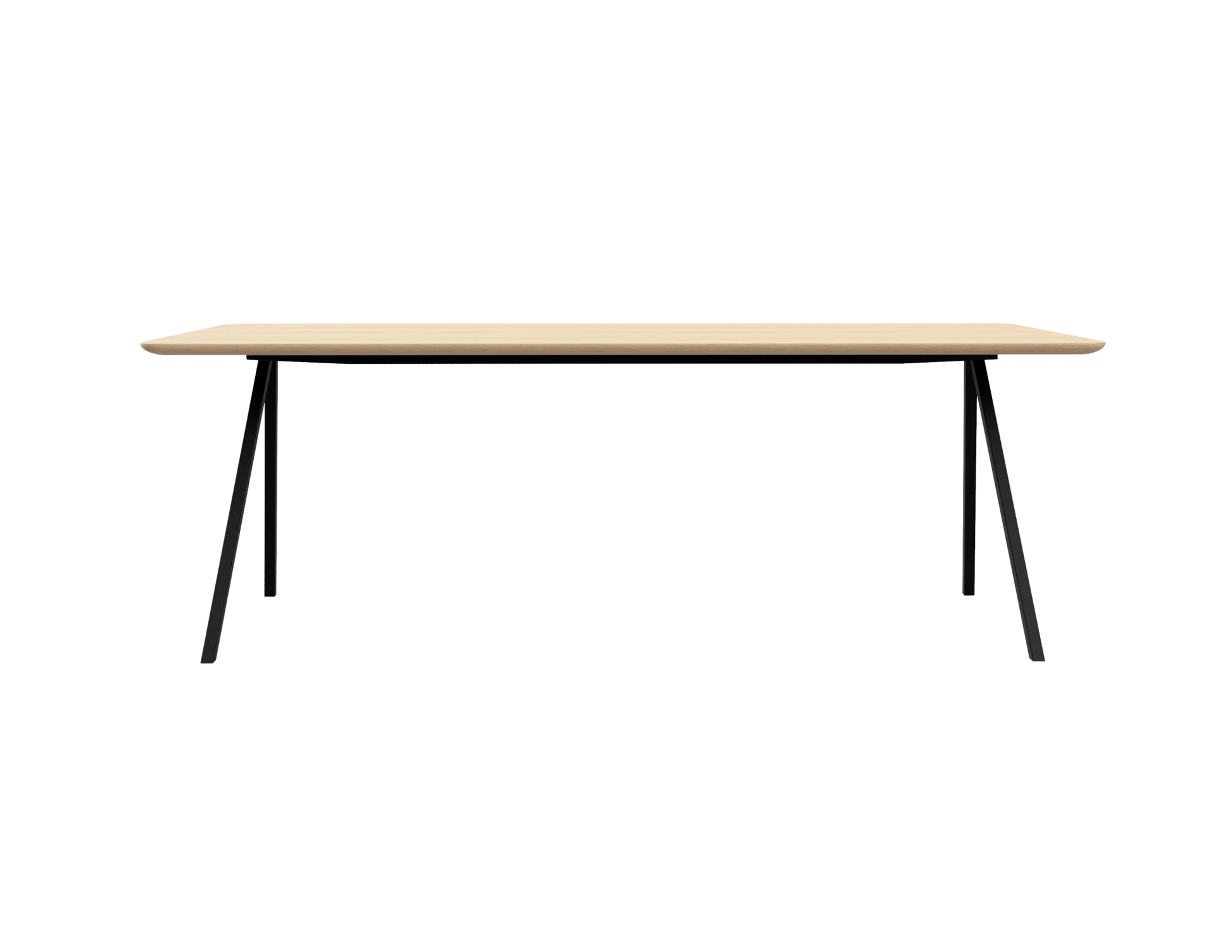 Rectangular oak dining table with natural finish and V-frame design, ideal for modern dining rooms.