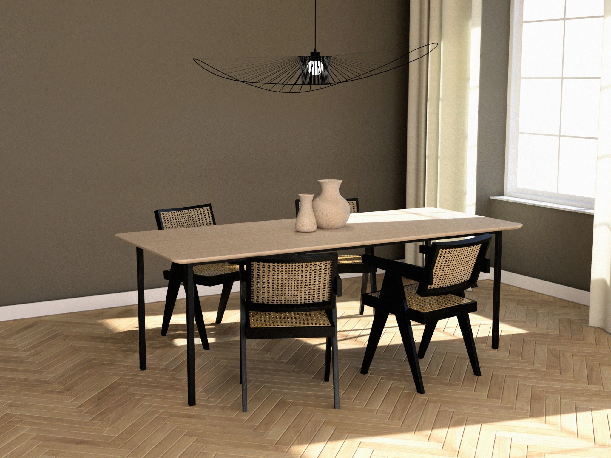 Rectangular oak dining table with ash white finish and four-legged frame, ideal for modern dining rooms.