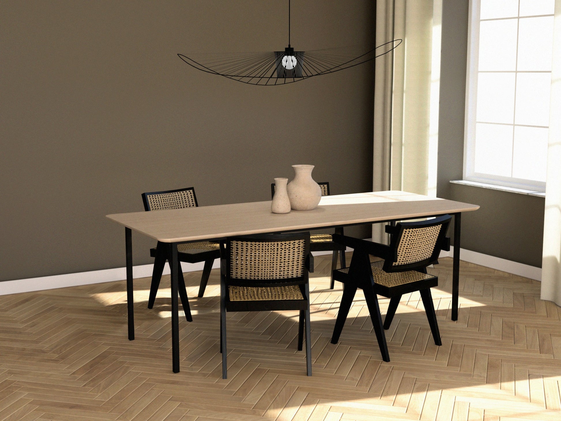 Rectangular oak dining table with ash white finish and four-legged frame, ideal for modern dining rooms.