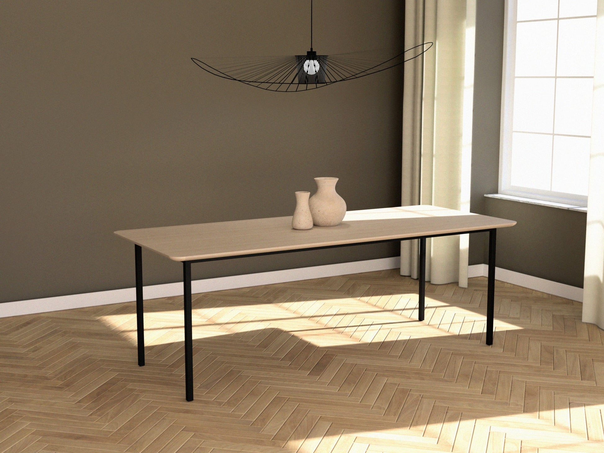Rectangular oak dining table with ash white finish and four-legged frame, ideal for modern dining rooms.