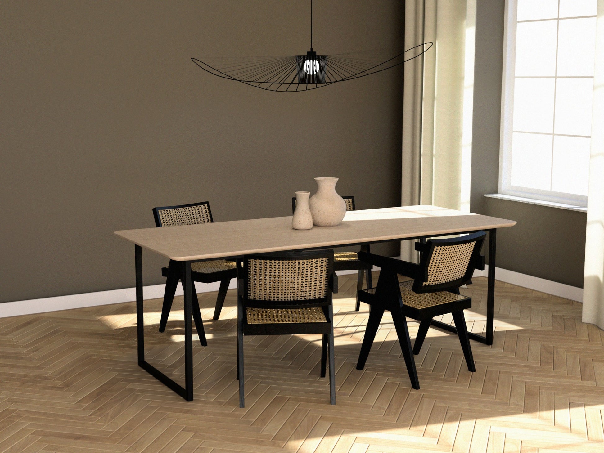 Rectangular oak dining table with ash white finish and U-frame design, ideal for modern dining rooms.