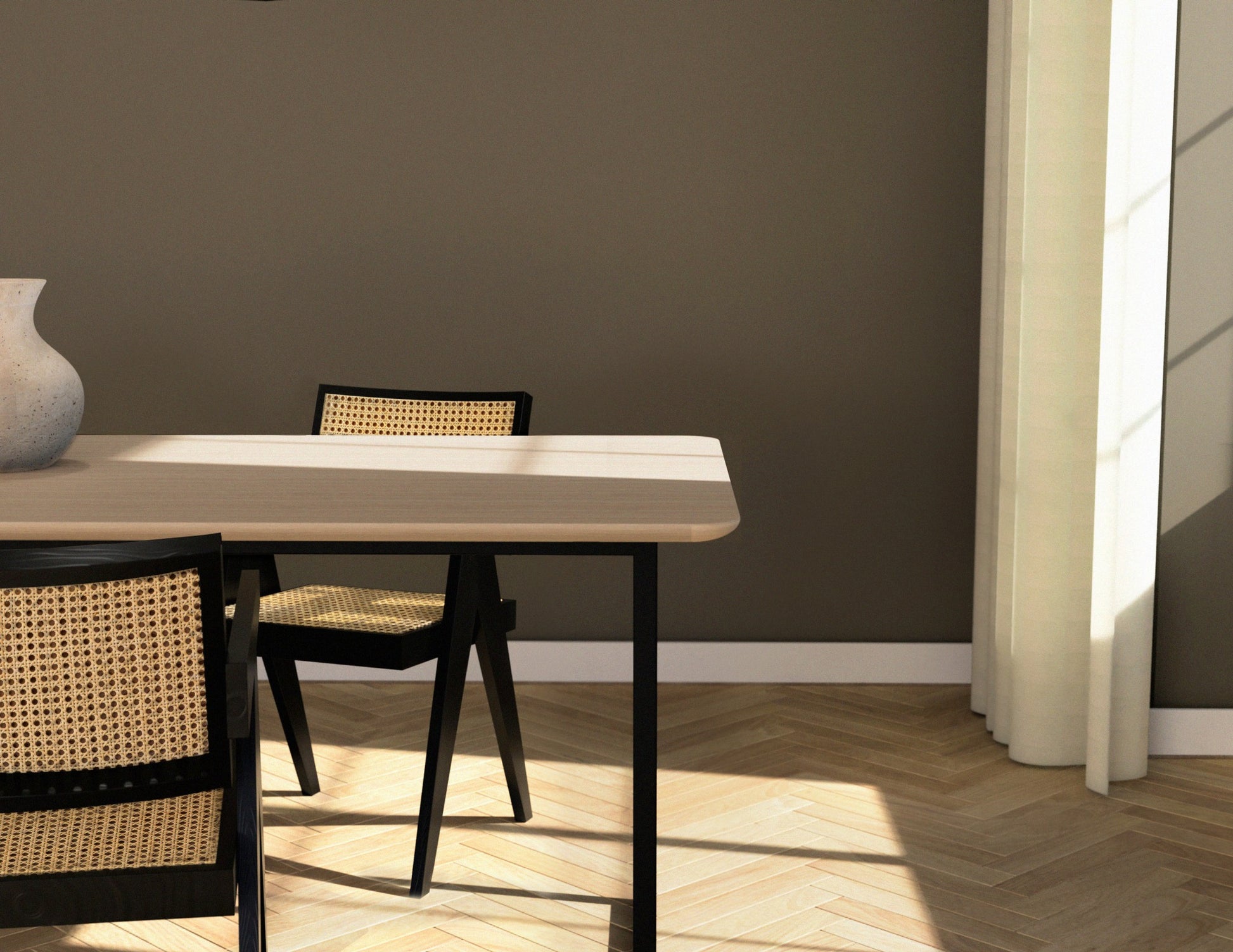 Rectangular oak dining table with ash white finish and U-frame design, perfect for contemporary dining spaces.