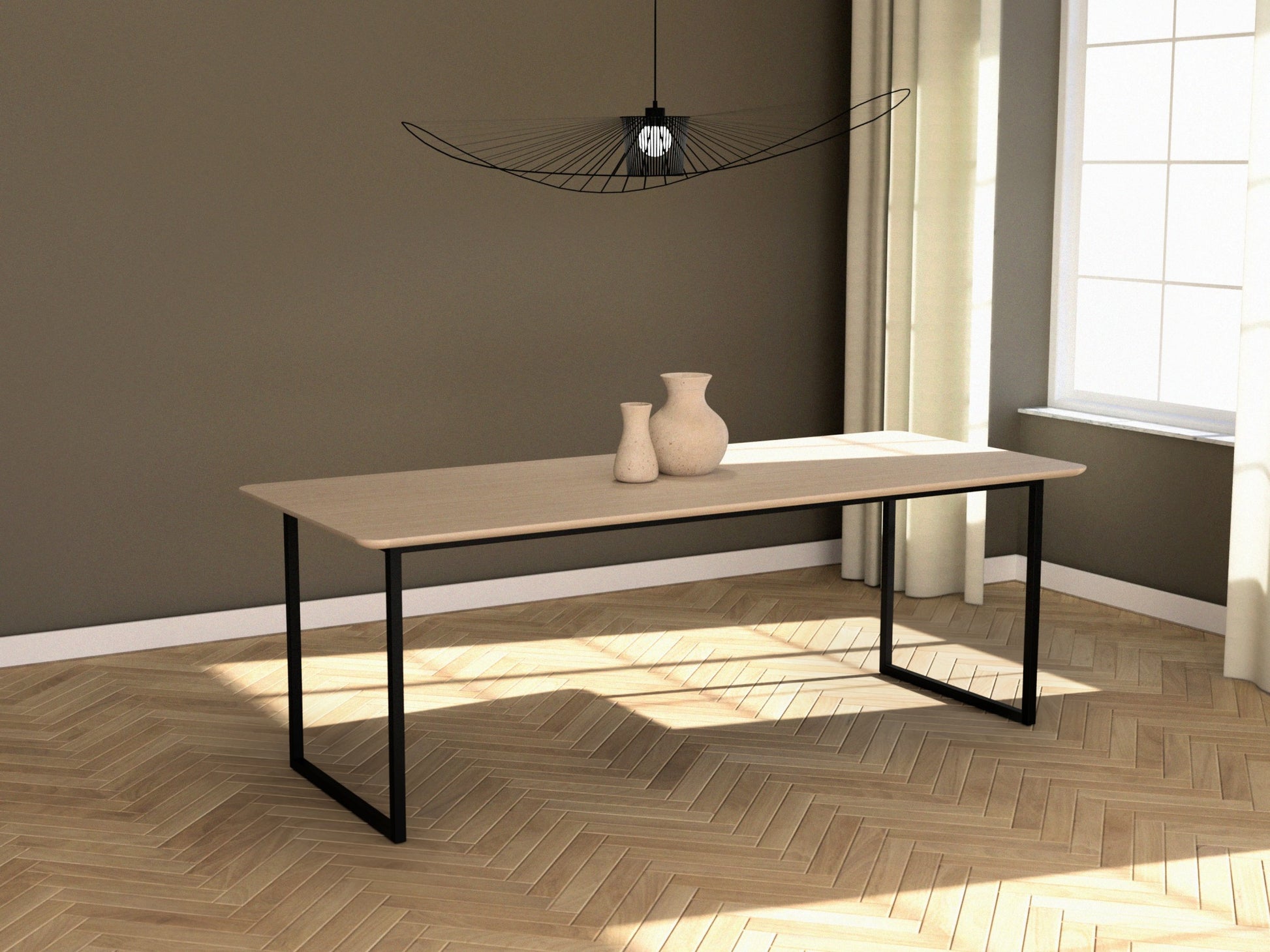 Rectangular oak dining table with ash white finish and U-frame design, ideal for modern dining rooms.