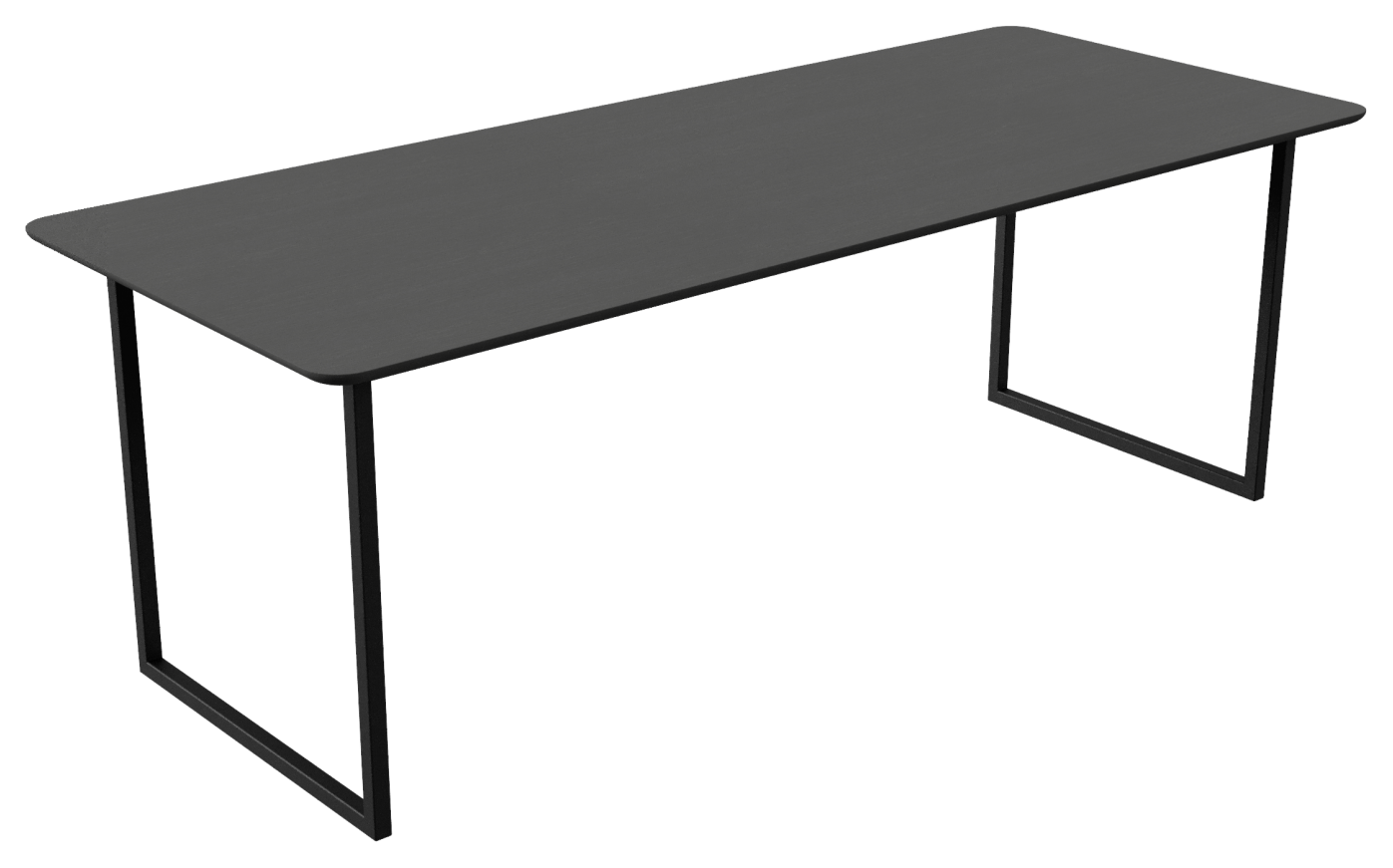 Rectangular oak dining table with charcoal finish and U-frame design, ideal for modern dining rooms.