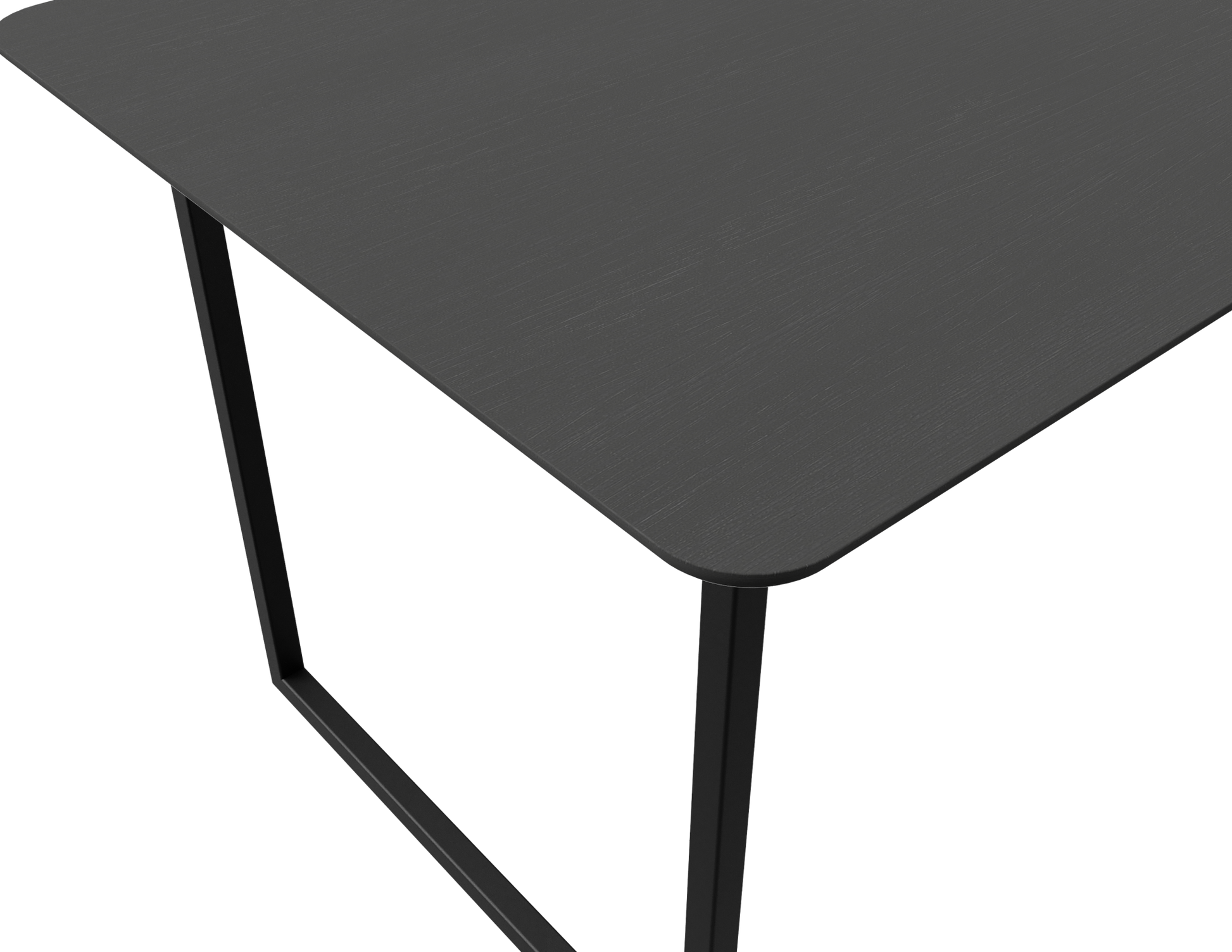 Rectangular oak dining table with charcoal finish and U-frame design, perfect for modern kitchen or dining room setups.