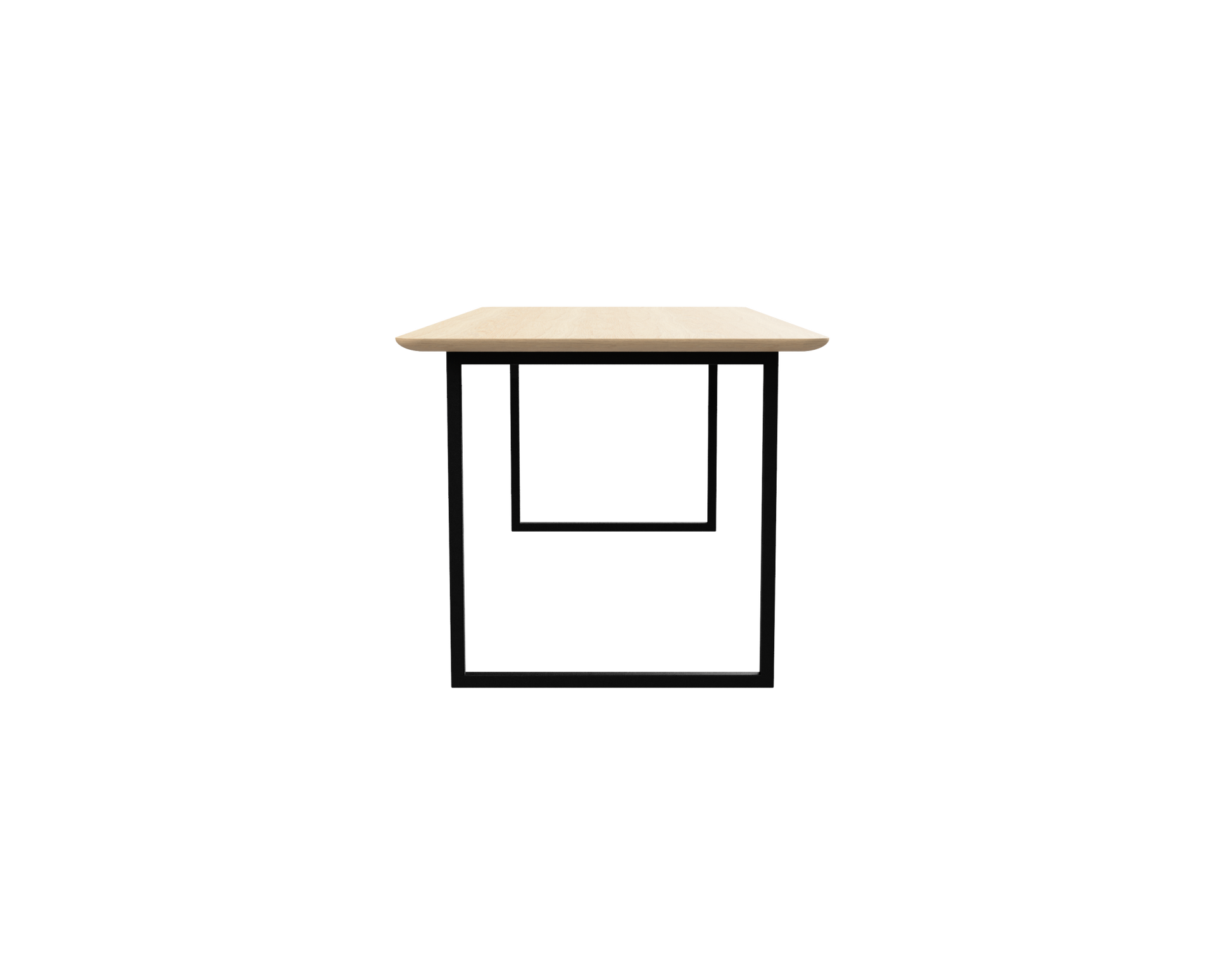 Rectangular oak dining table with natural finish and U-frame design, showcasing smooth wooden surface and sturdy construction.