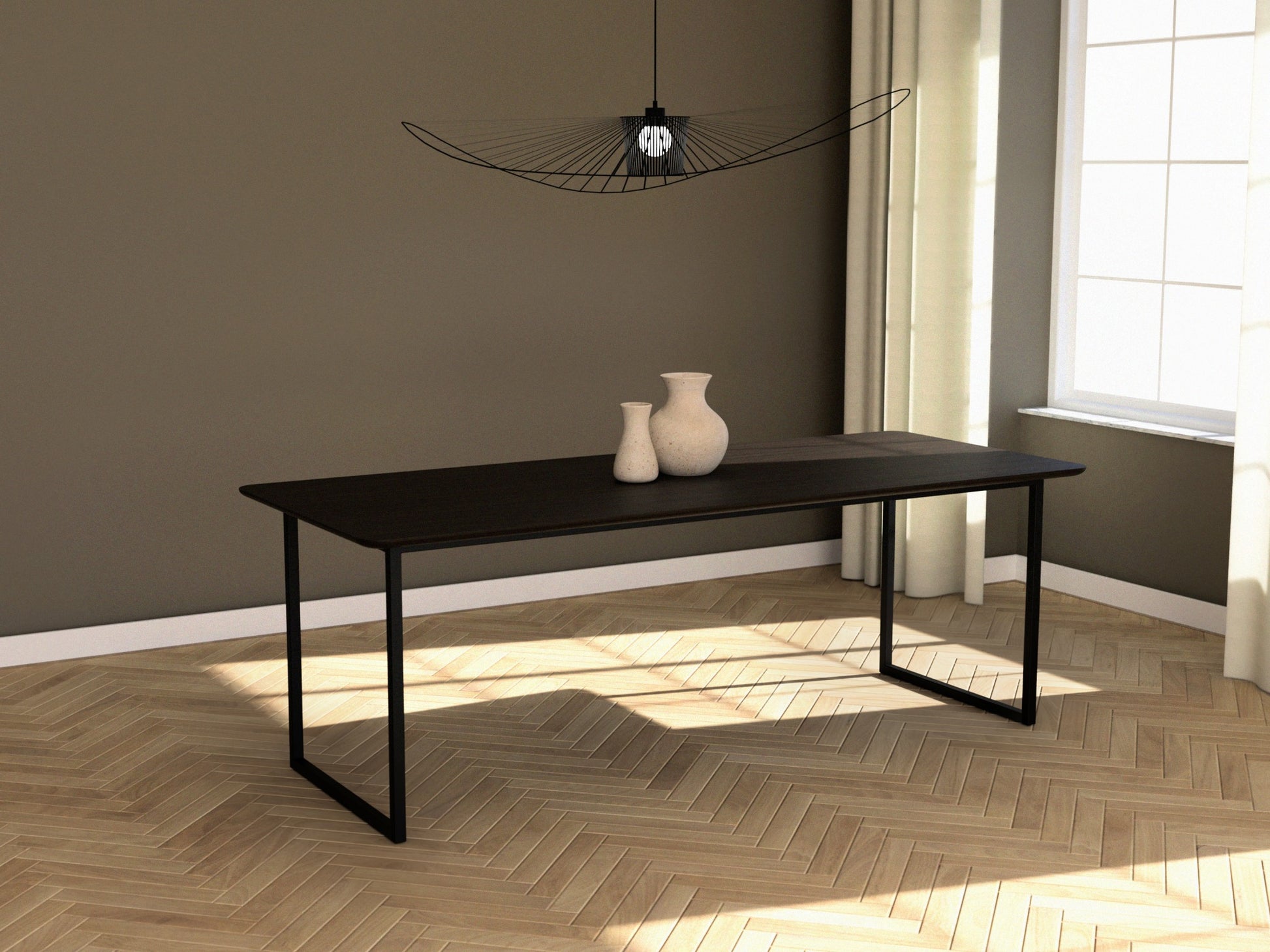 Rectangular smoked oak dining table with U-frame, measuring 140x80 cm, showcasing a modern, sturdy wooden design.