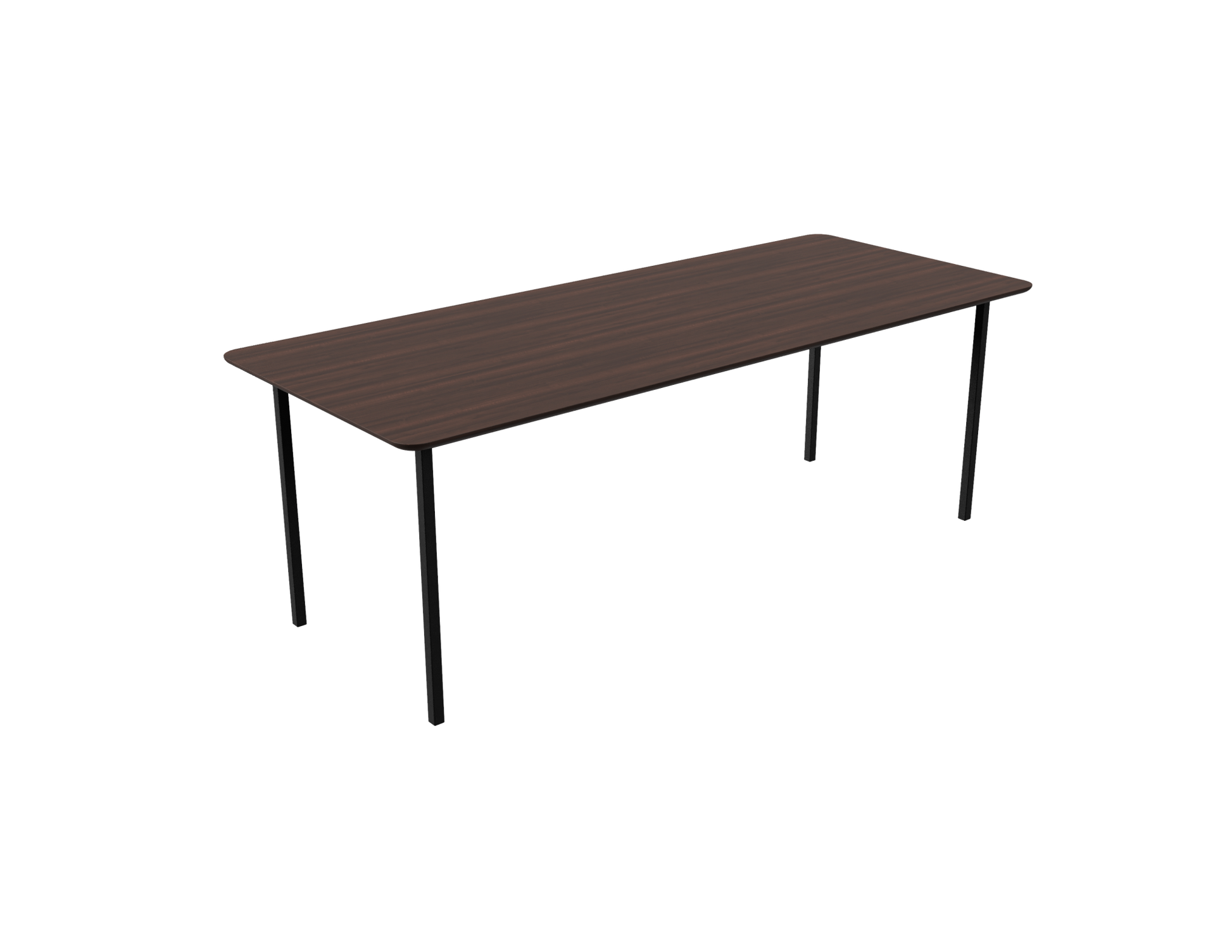 Rectangular walnut dining table with four-legged frame, ideal for modern kitchens and dining rooms.