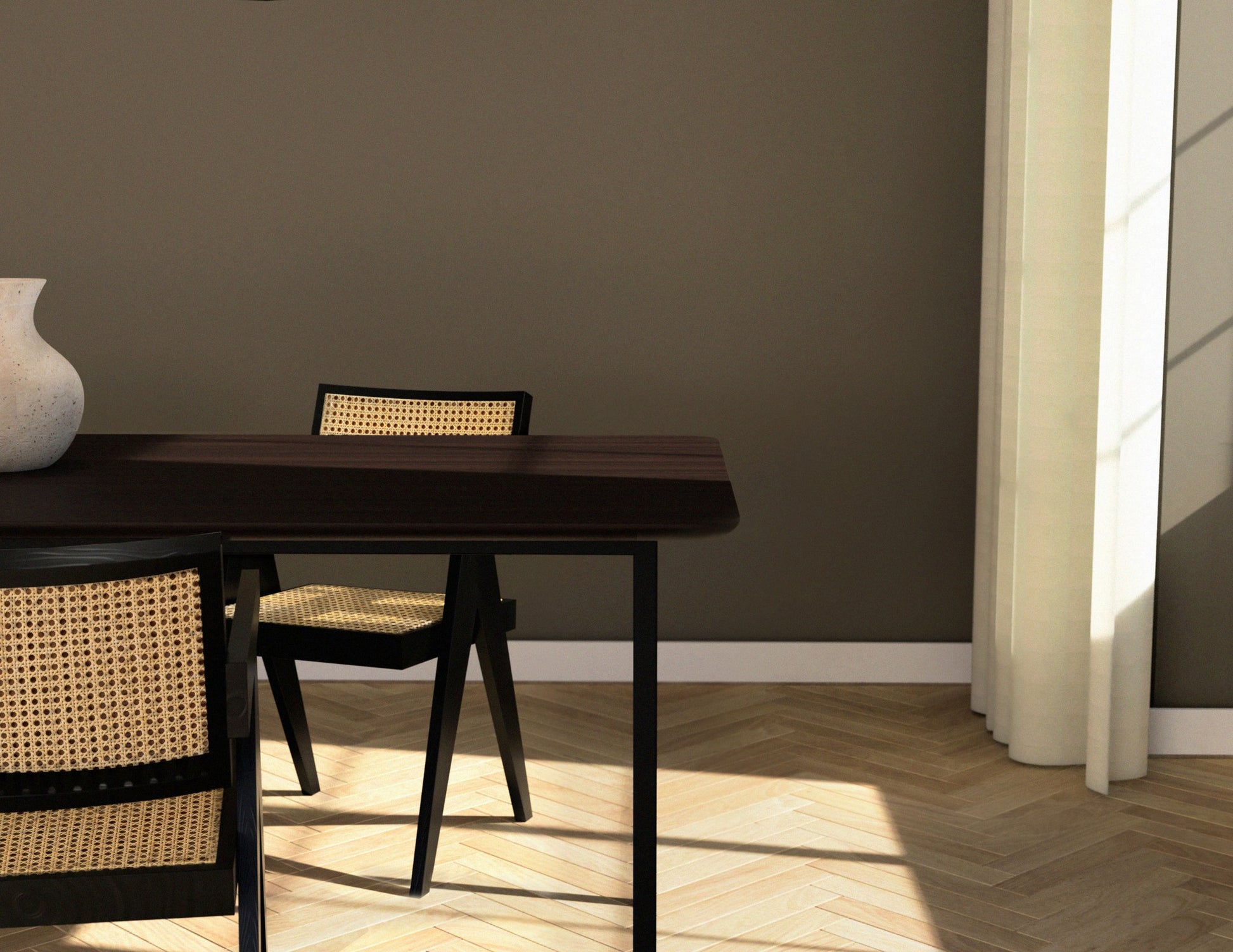Rectangular walnut dining table with a 4-legged frame, showcasing a sleek wood finish and sturdy design for modern dining rooms.