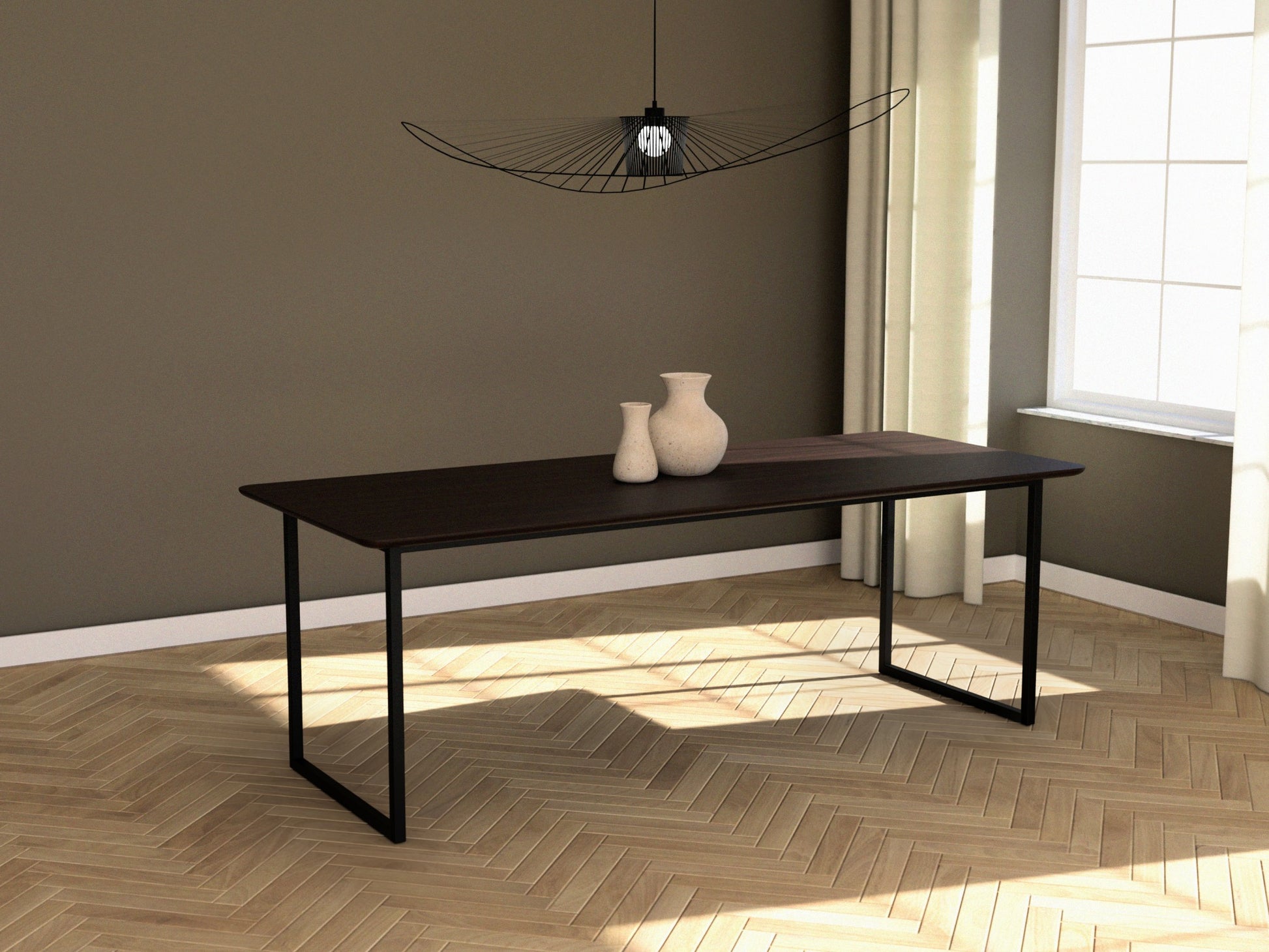 Rectangular walnut dining table with U-frame, 140x80 cm, showcasing a sleek wooden surface and modern design.