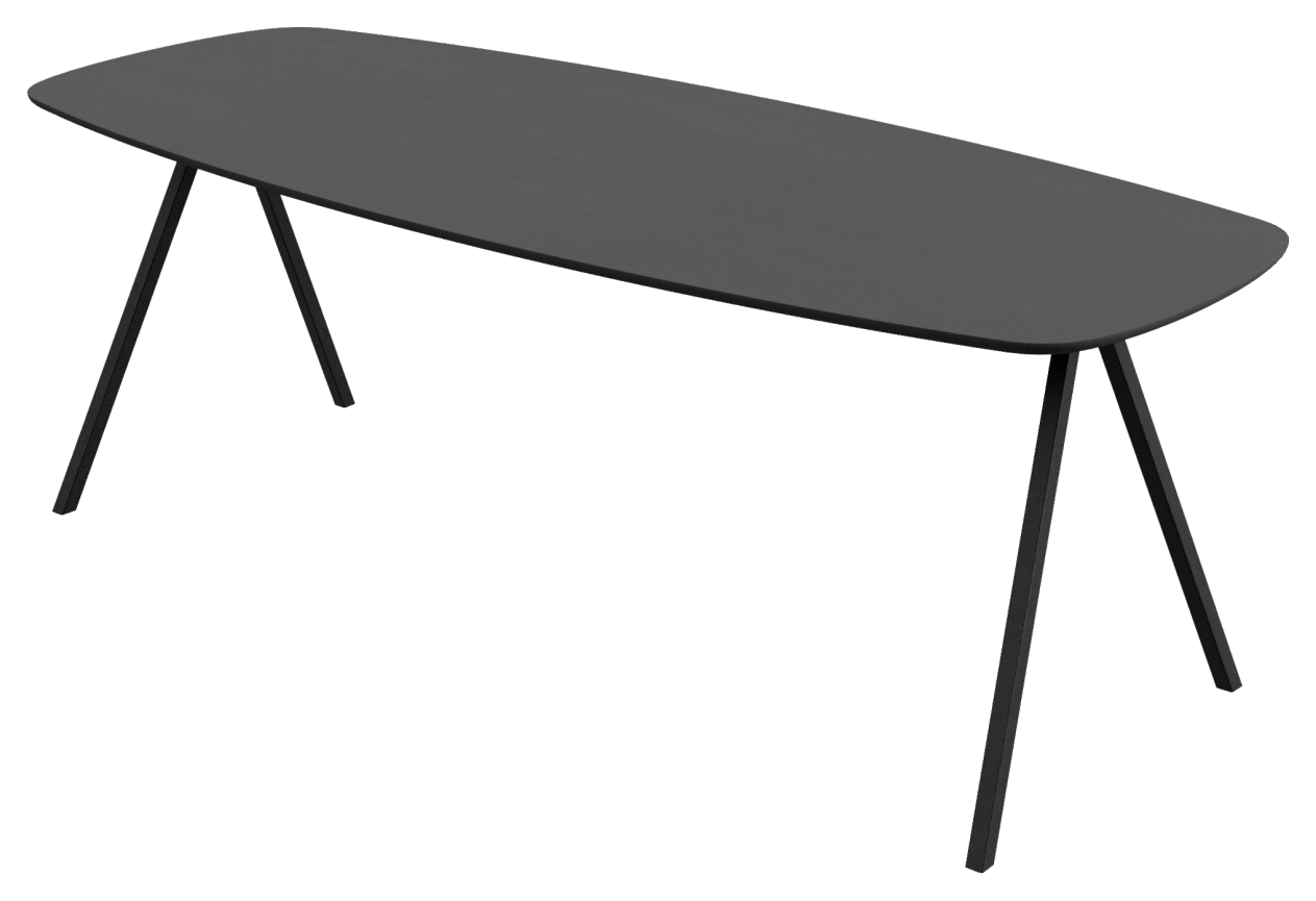 Celio Oak Dining Table in charcoal with V-frame design, showcasing a sleek, modern wooden dining table in natural setting.