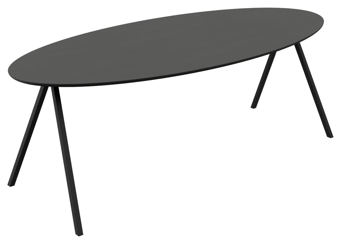 Oval oak dining table with a charcoal finish and V-frame design, showcasing a sleek and modern dining surface.