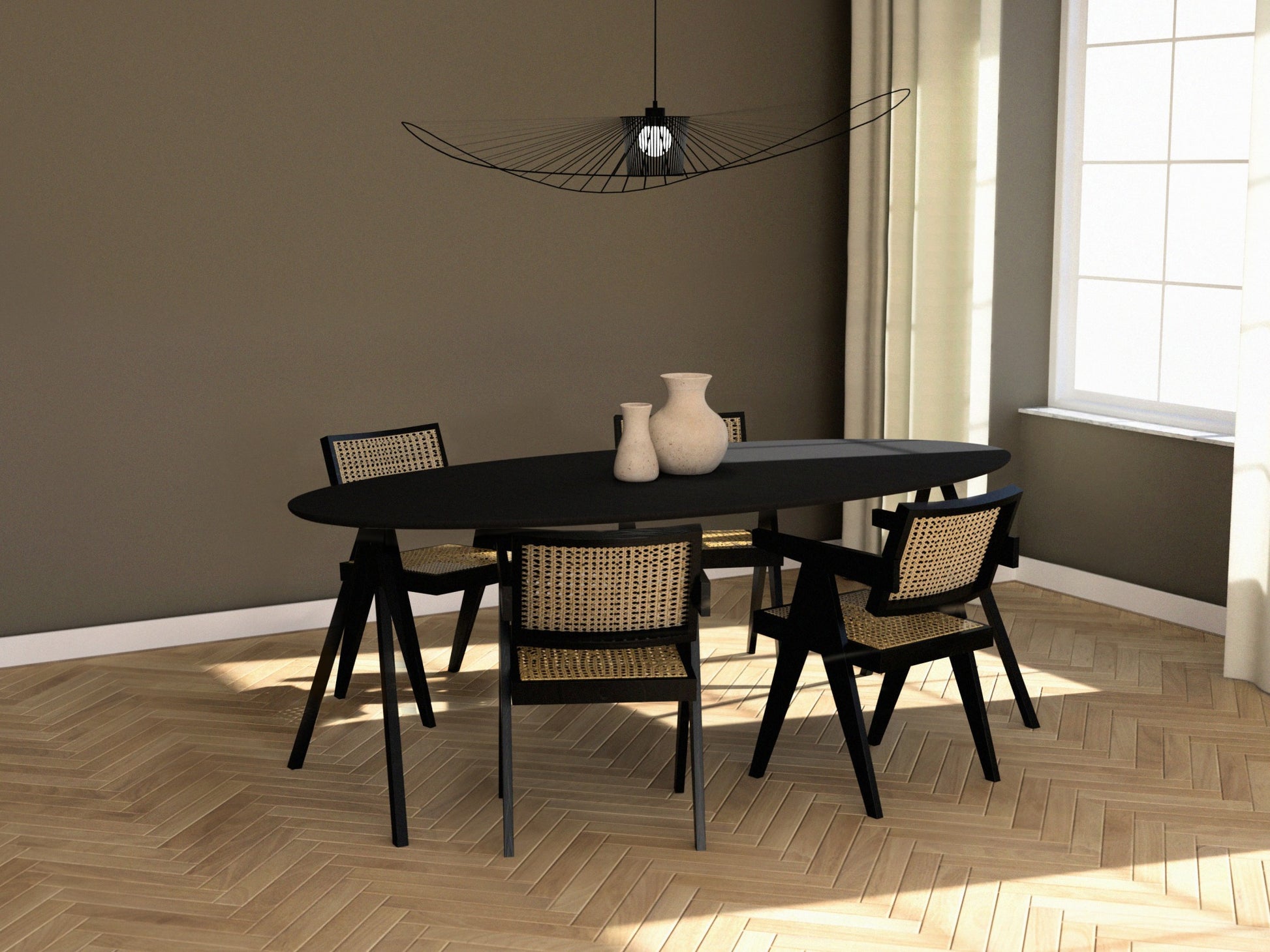 Oval oak dining table with charcoal finish and V-frame design, featuring a sleek, modern look perfect for contemporary dining rooms.