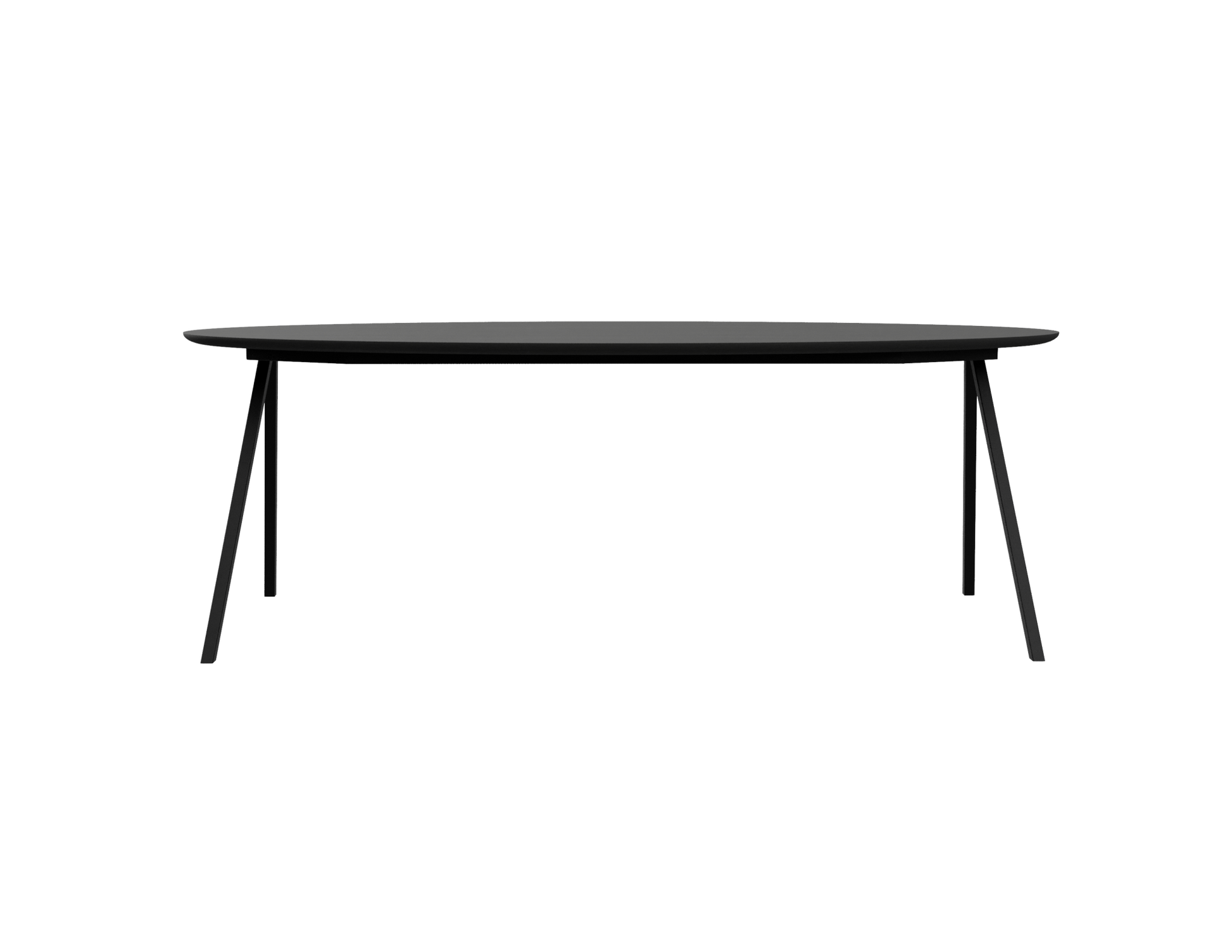 Oval oak dining table with charcoal finish and V-frame design, featuring a sleek and modern look.