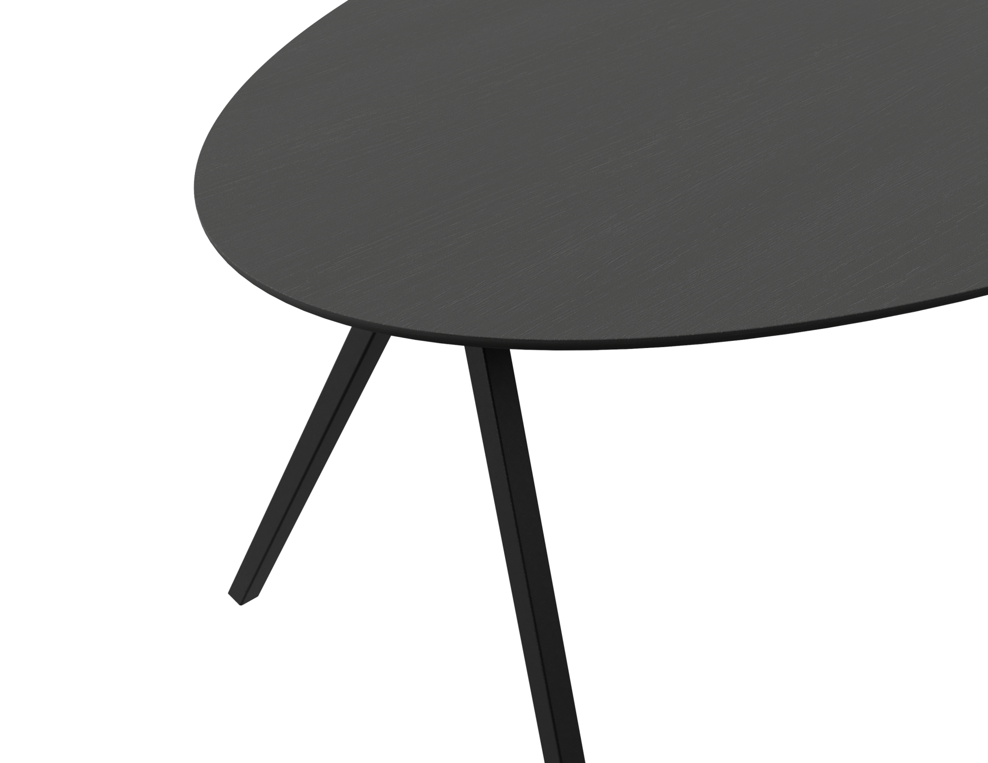 Oval oak dining table with a charcoal finish and V-frame design, featuring a sleek, modern look for dining rooms.