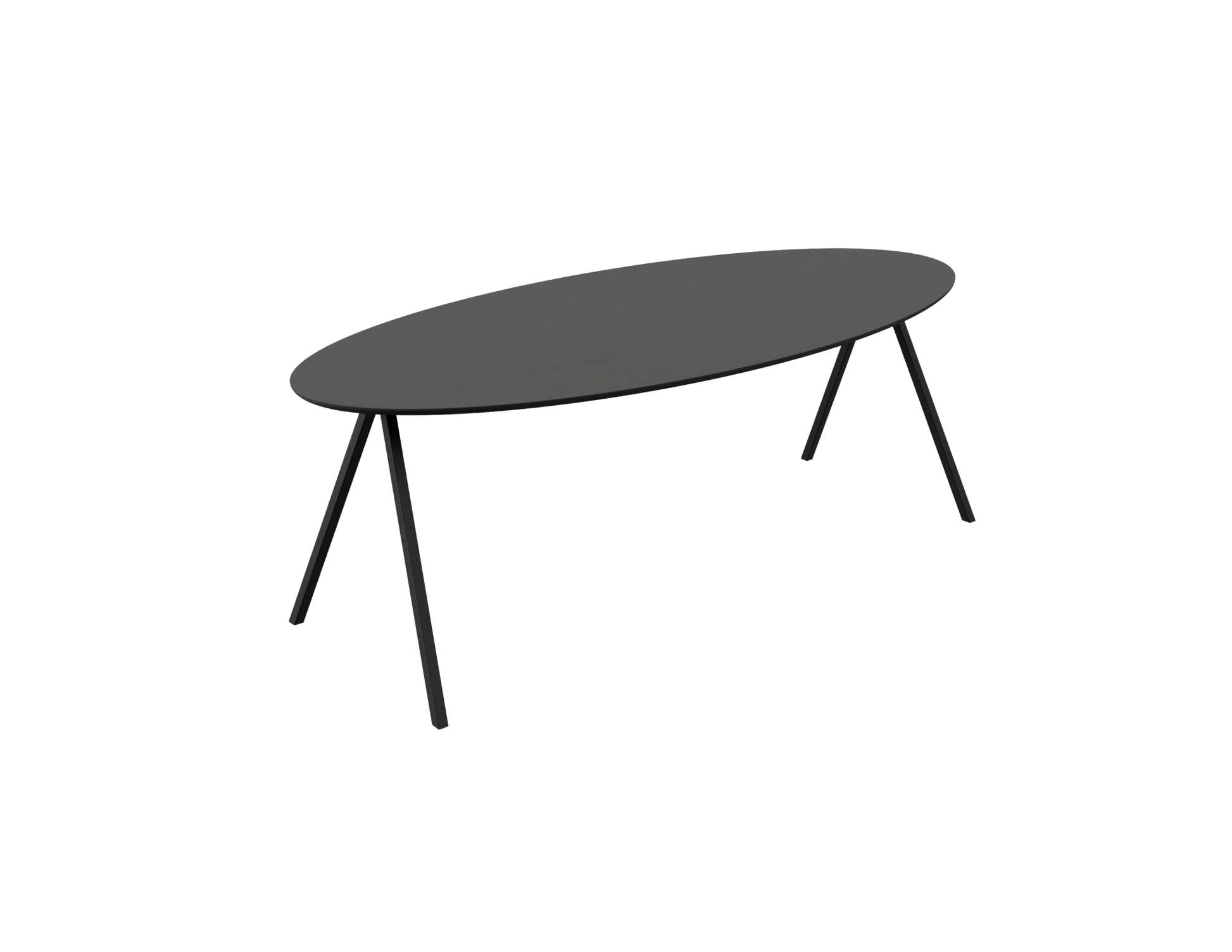 Oval oak dining table with charcoal finish and V-frame design, featuring a sleek, modern look for contemporary dining rooms.